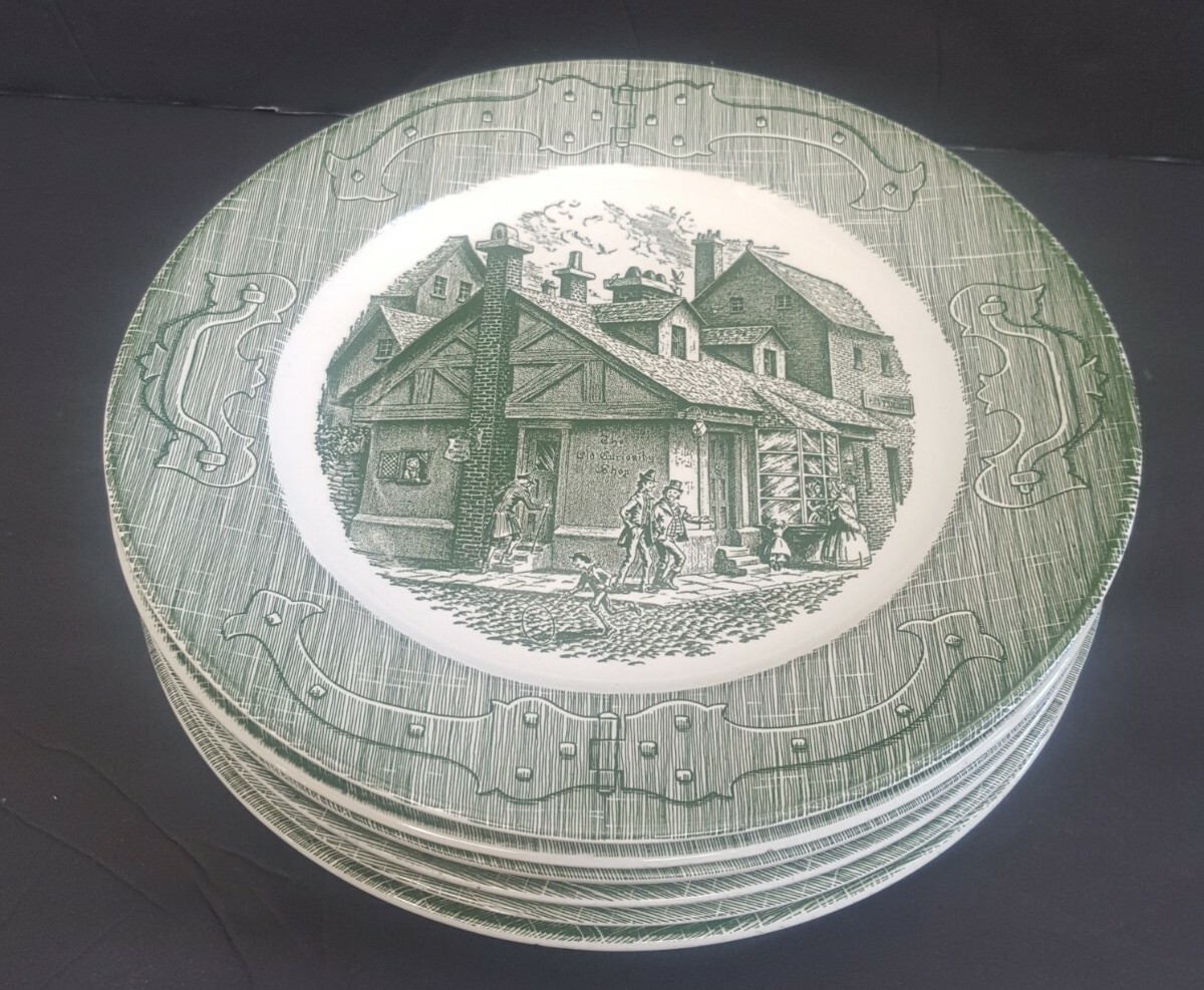 Set Of 9 The Old Curiosity Shop Green Transferware 10” Dinner Plates NOS