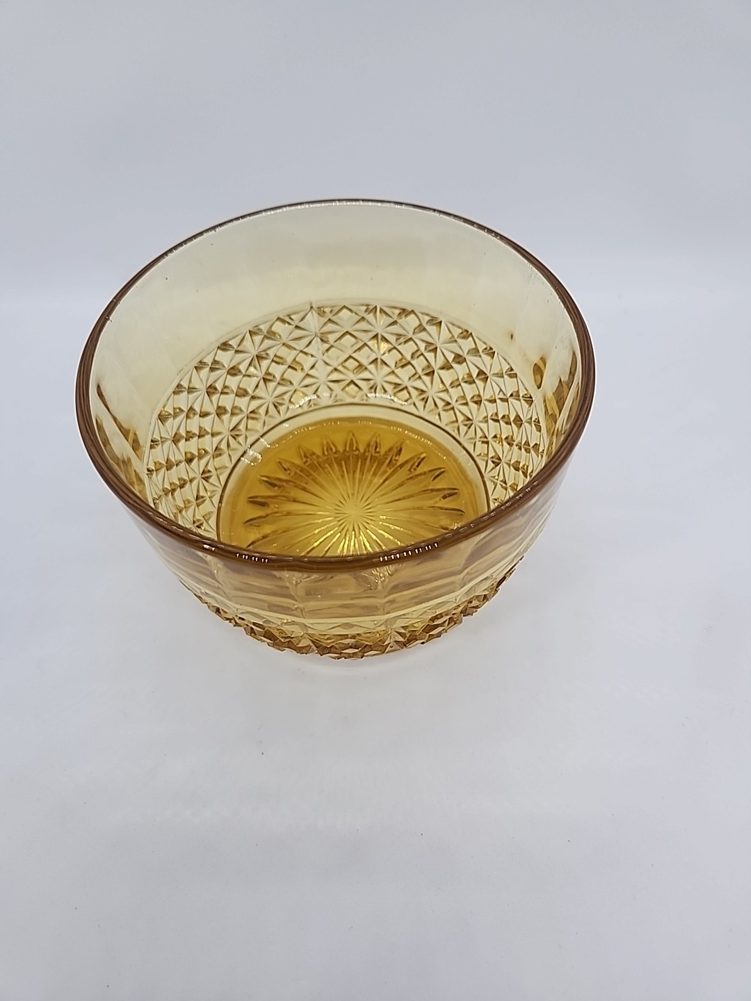 EAPG Canton Glass Co Amber Finger Bowl Diamond Point 4.25″