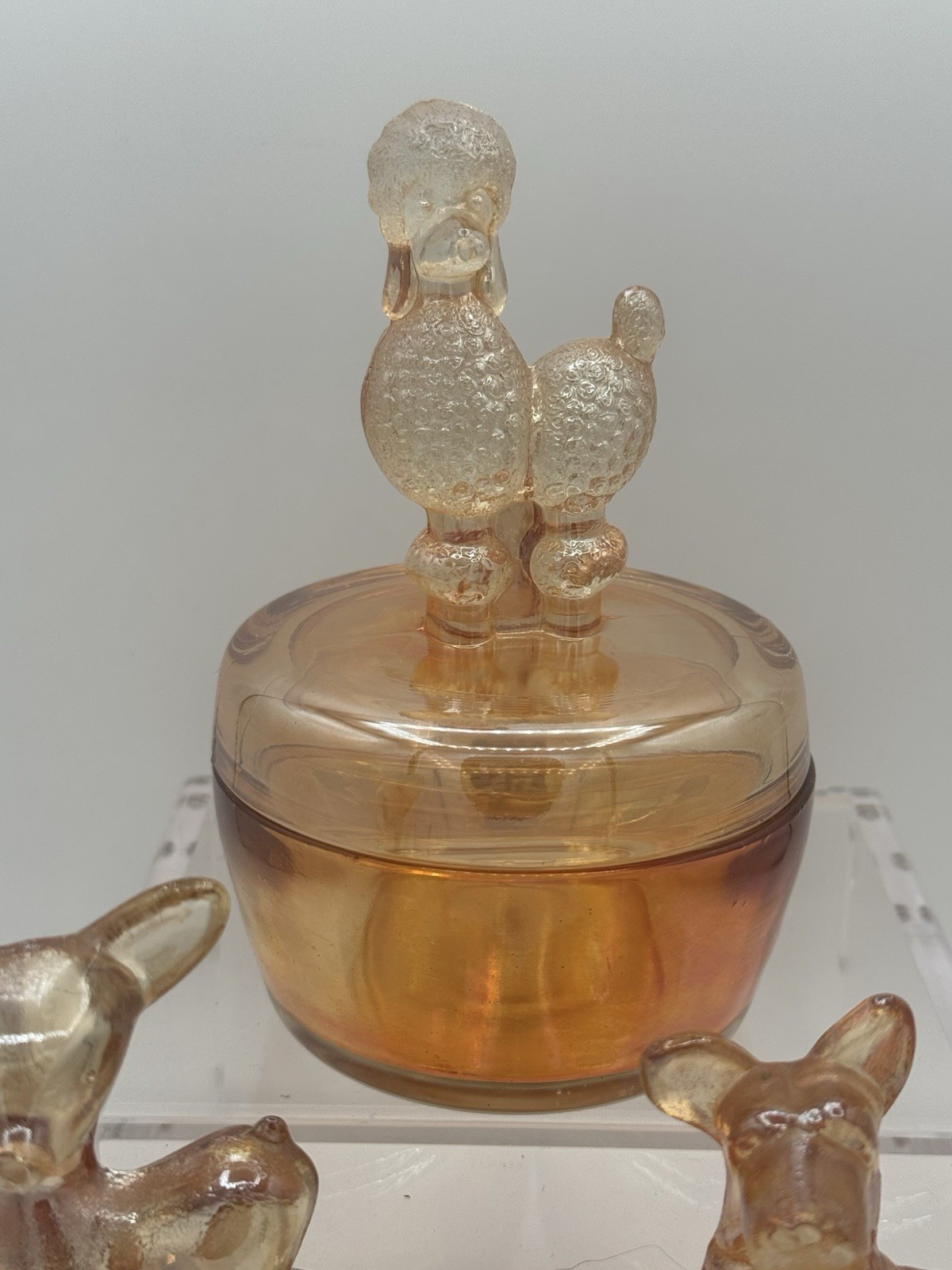 Vtg Jeannette Marigold Carnival Glass Powder Jar Set – Poodle/Deer/Terrier Lids