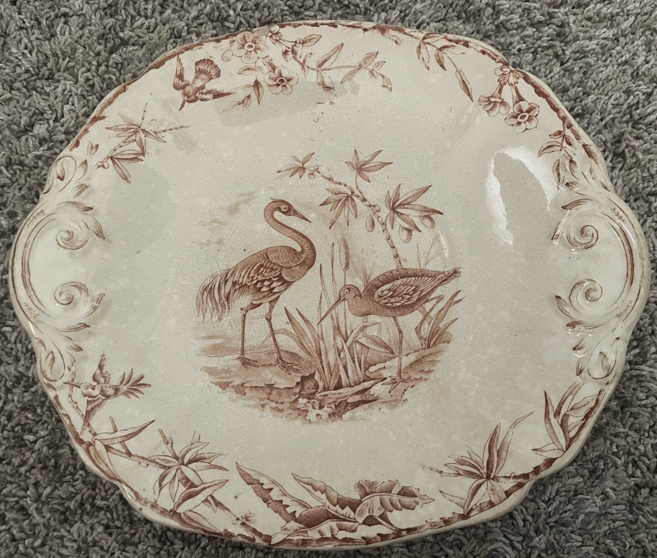 Antique Ridgways England Indus Brown Transferware Bird Plate Chinoiserie Platter
