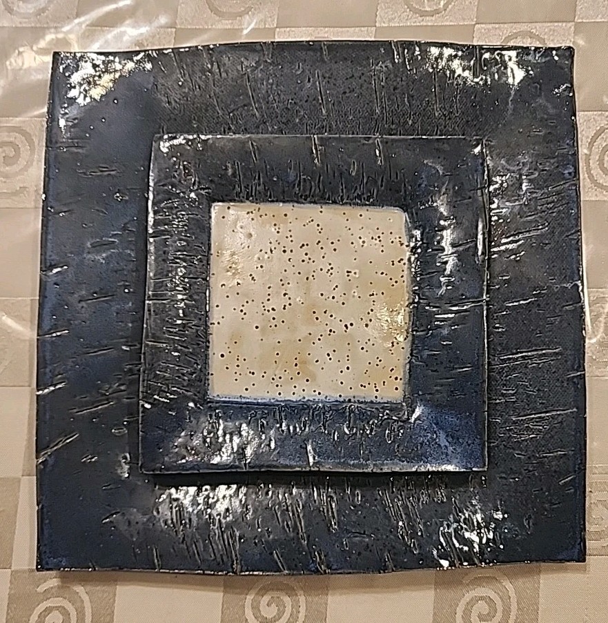 2 Studio Pottery Square Plates Hand Thrown Blue Tan Clay Stamped/Signed 9”, 5.6″