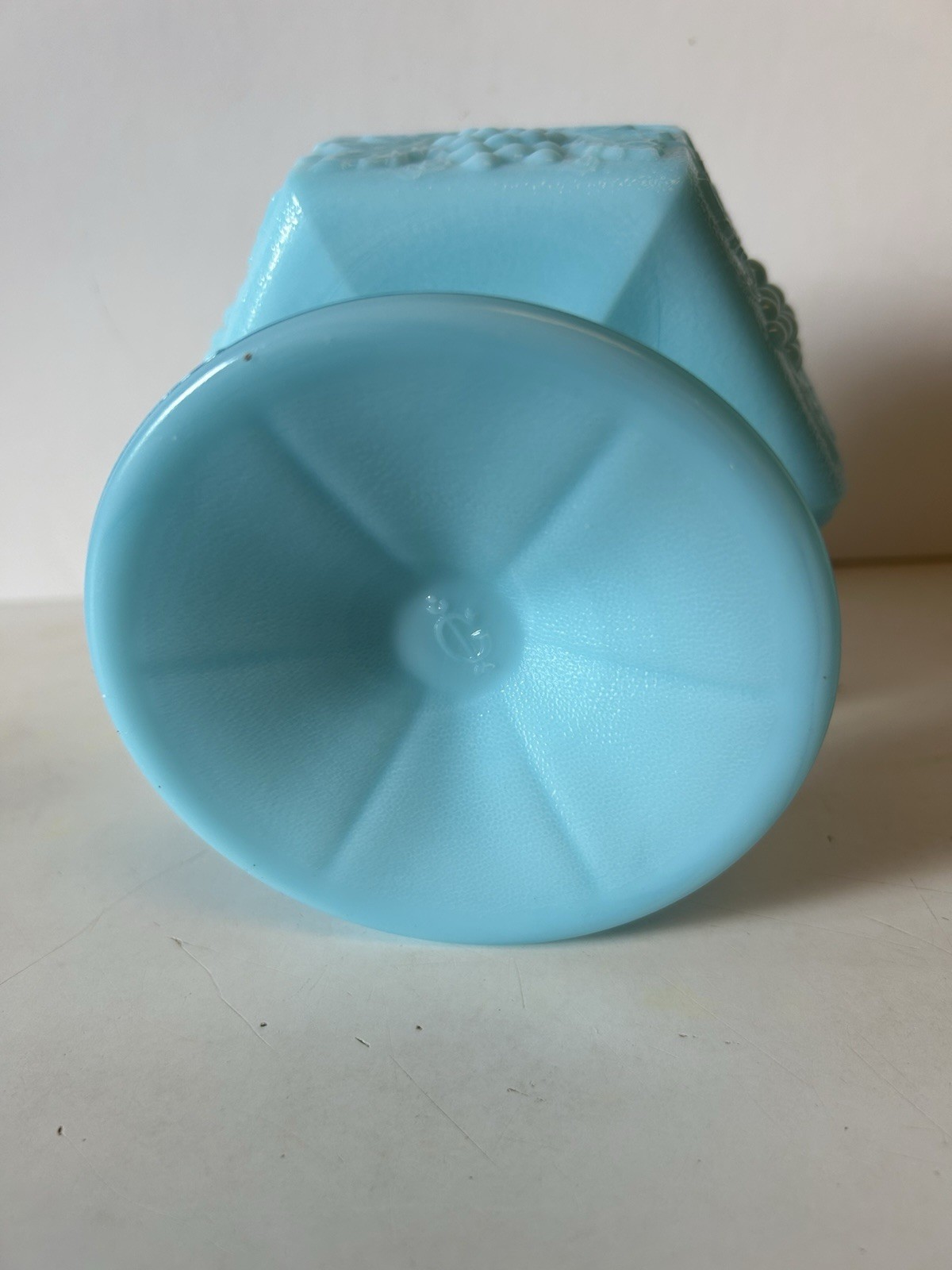 Imperial Blue Milk Glass Covered Compote Candy Dish Grape and Leaf Hexagon