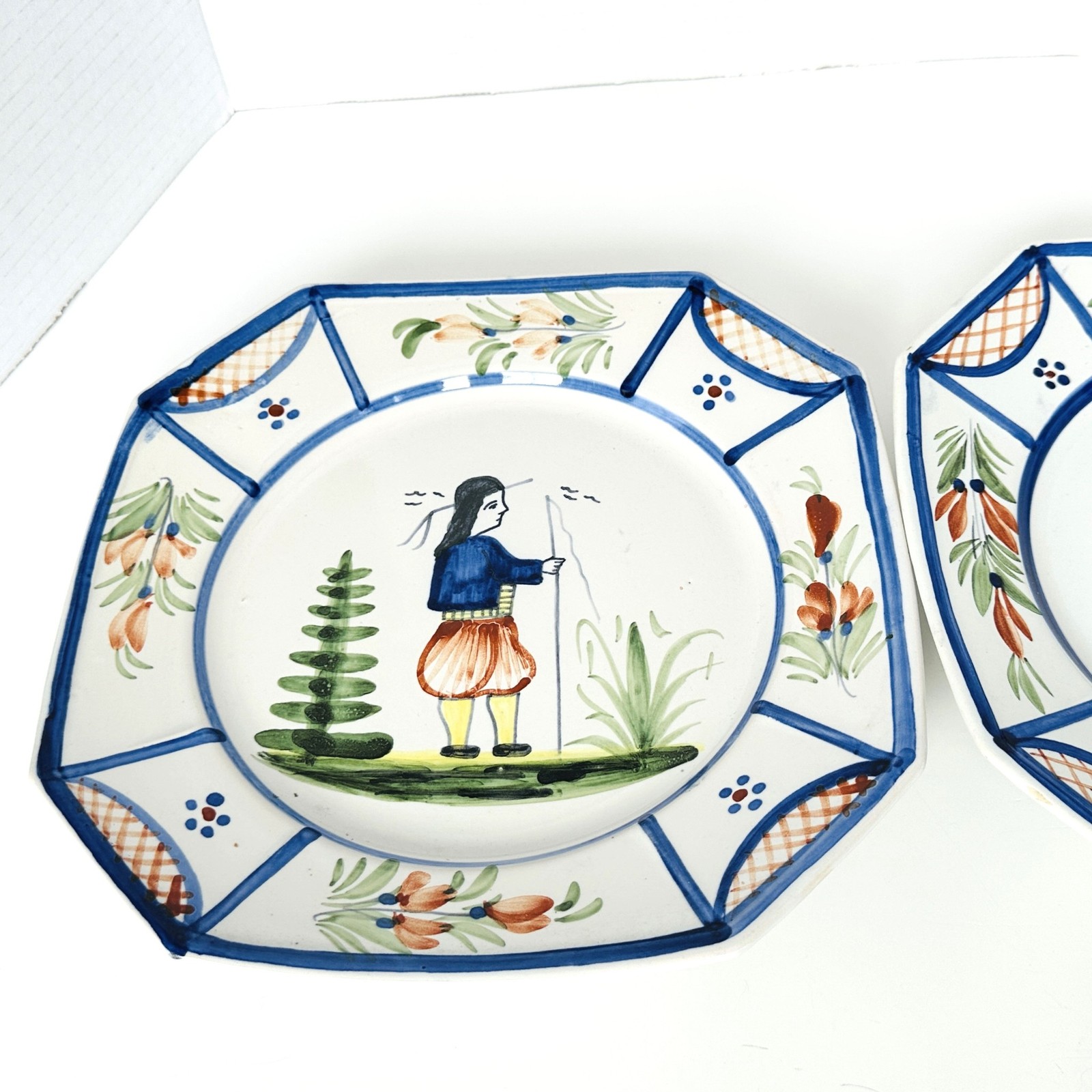 HB Quimper MISTRAL BLUE Matched Set 2 Octagonal Luncheon Plates 9.25″