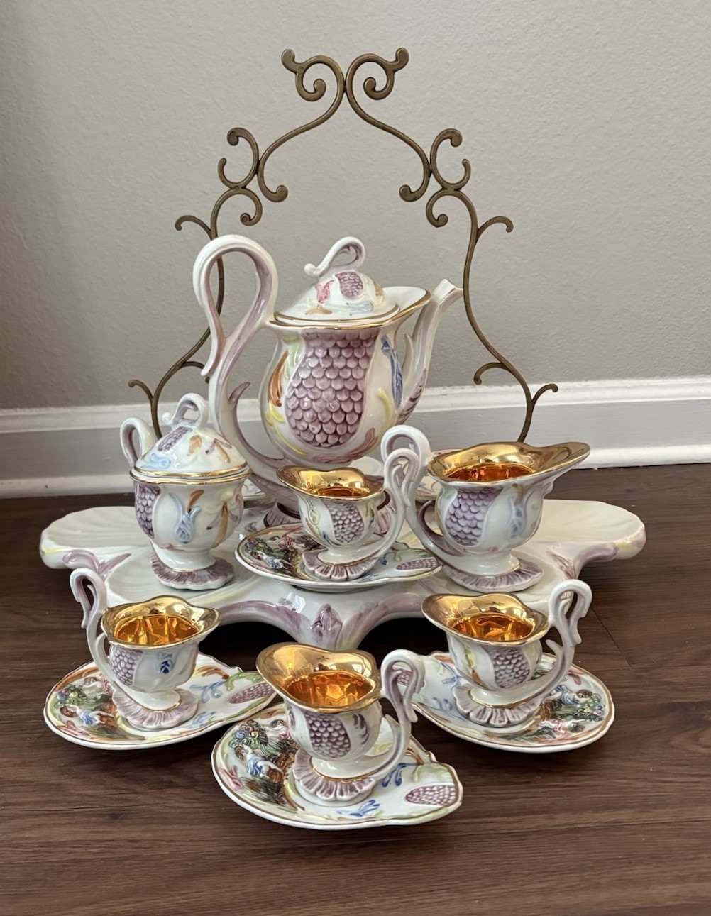 Vintage capodimonte 14 Piece Espresso Or Tea Serving Set On Stand Made In Italy