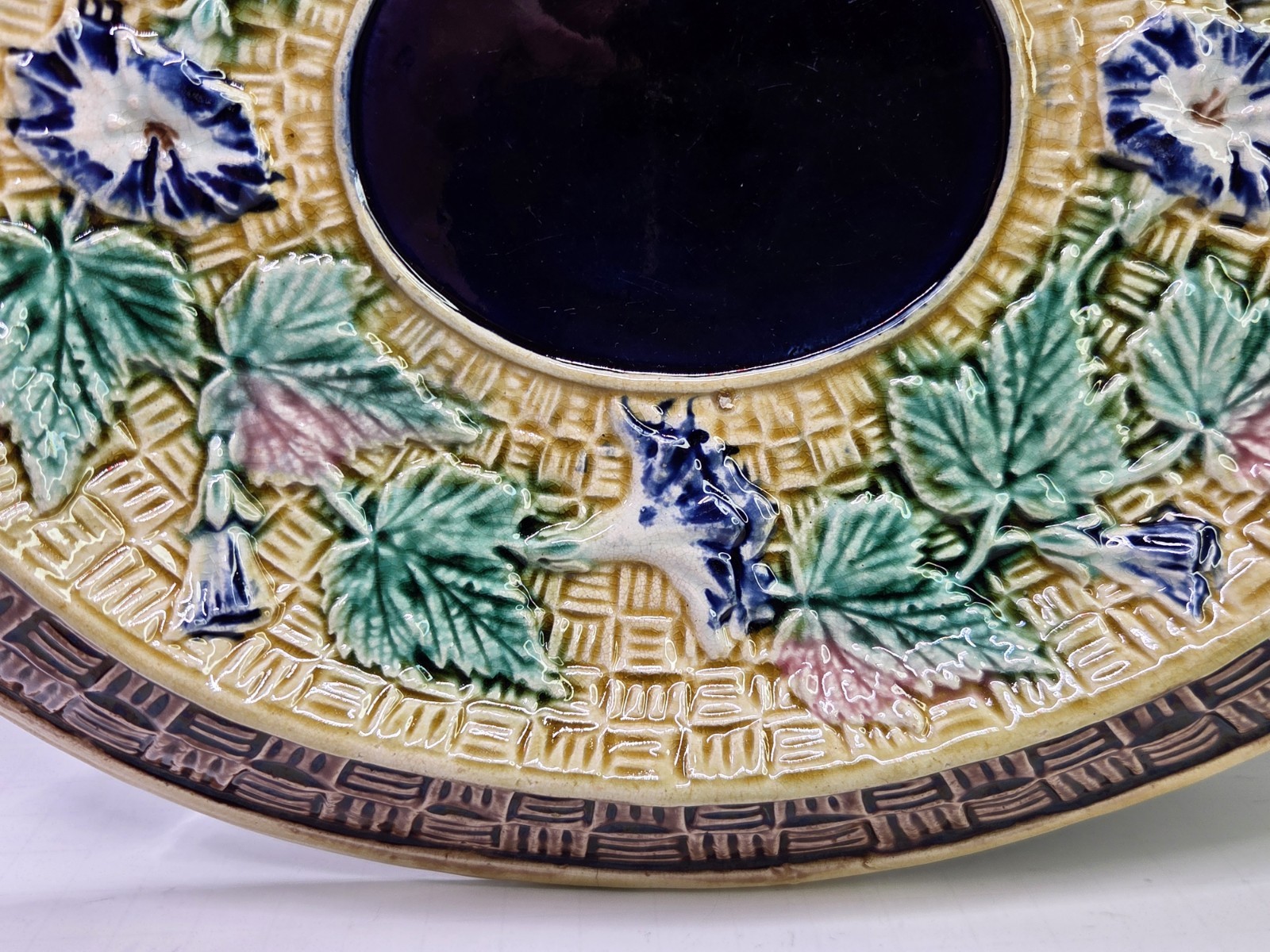Antique Oval Majolica Basket Weave Footed Platter Floral Bread Bowl Cobalt 12¾”
