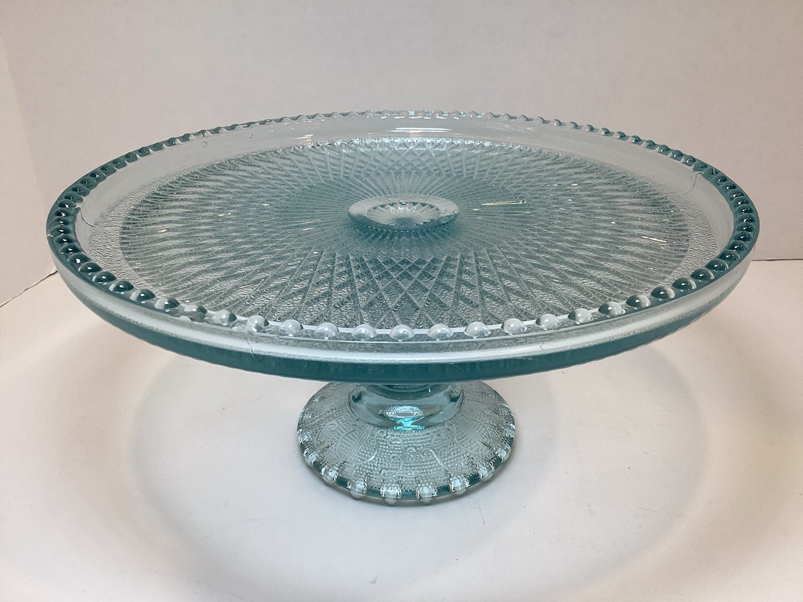 Jeannette Ice Blue Glass Harp Beaded Edge Pedestal Cake Stand 10” **READ**