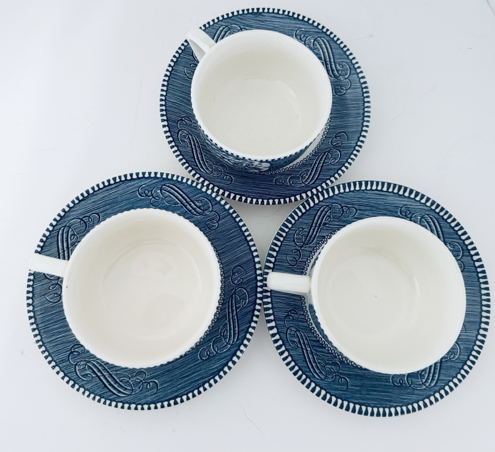 Currier & Ives Blue Royal China Coffee Tea Flat Cups With Saucers Lot of 2 Sets