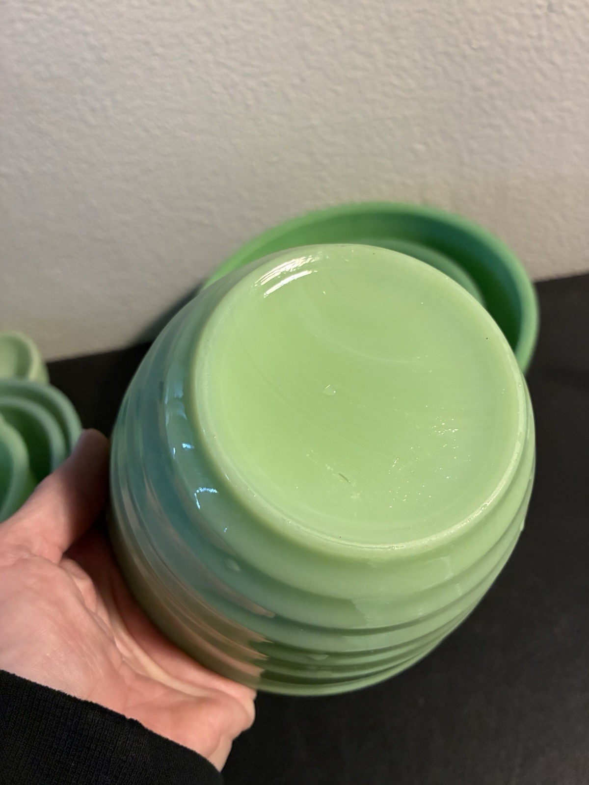 Jeannette Glass Concentric Circle Mixing Bowl Set Jadeite Green 5 7 & 9” Uranium