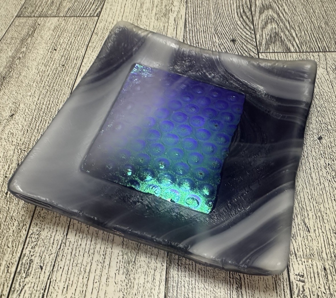 Handmade Fused Glass Art Abstract Modern Dichroic Trinket Dish Signed 4″x4″