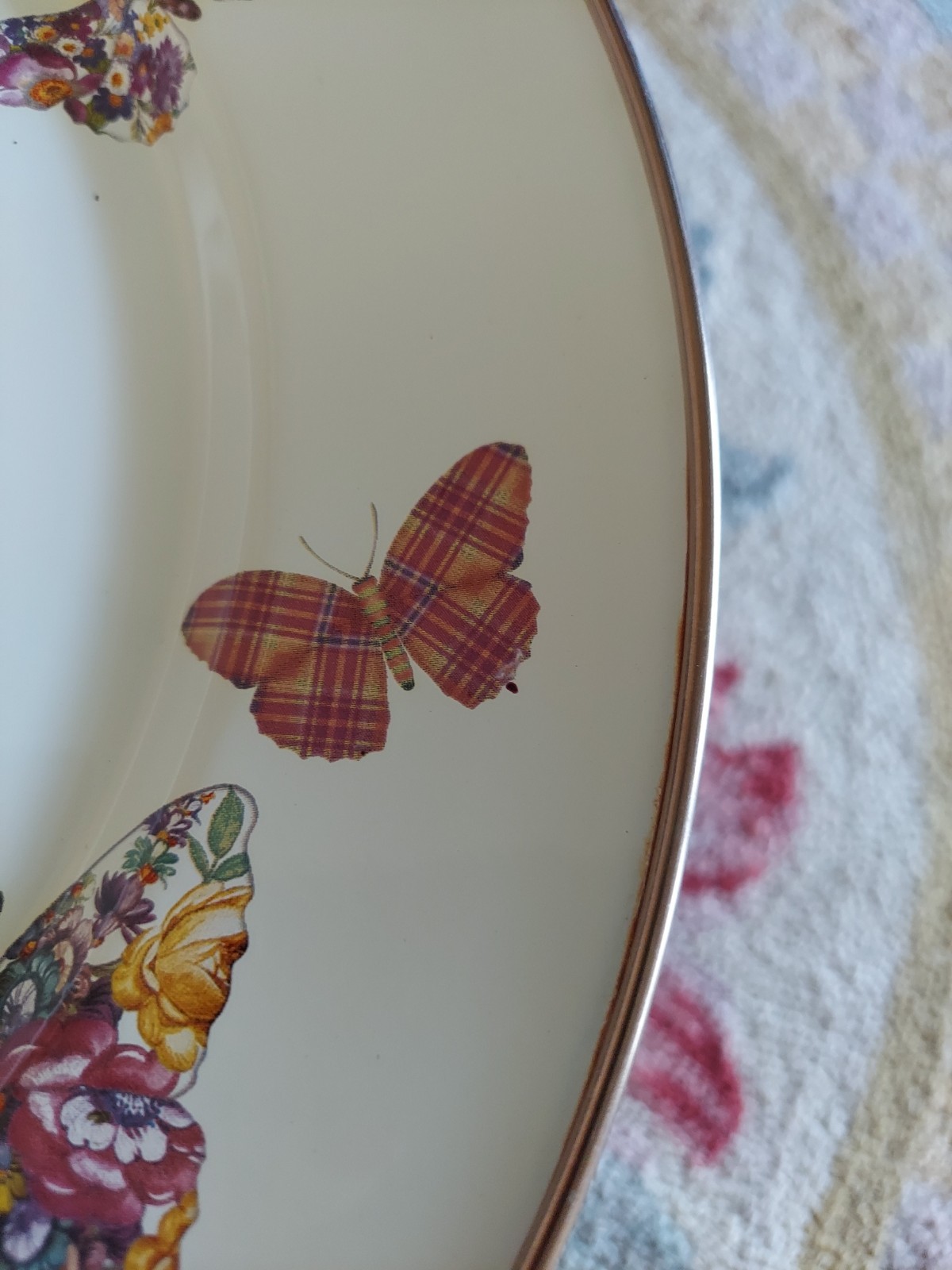 Mackenzie-Childs Butterfly Garden Pedestal Platter With Courtly Check