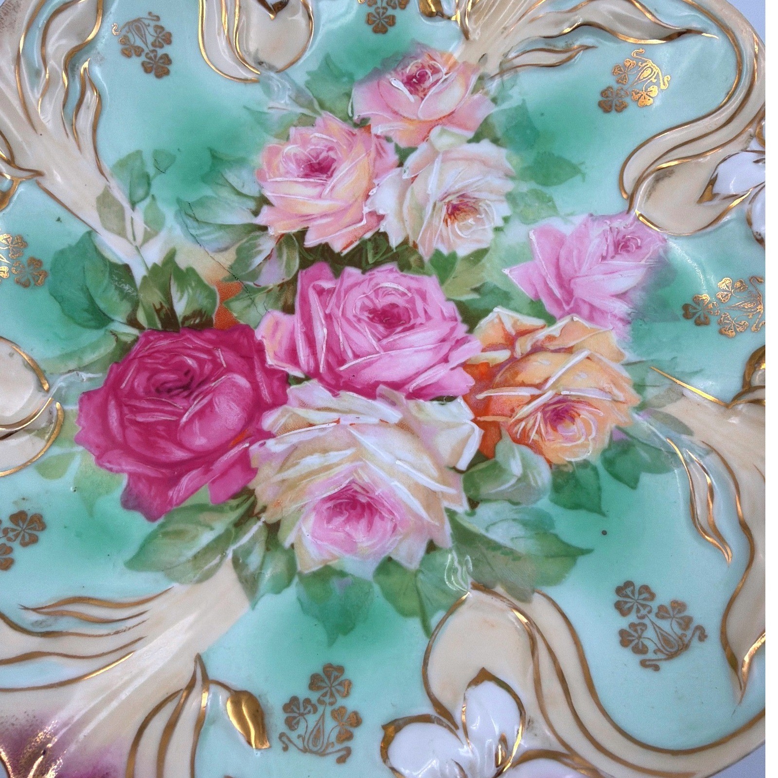 RS Prussia Style Antique Handled Porcelain Cake Rose Floral Gold Design 10″