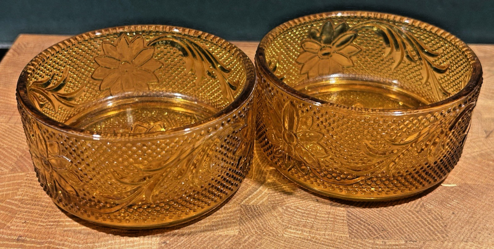 Vtg. Indiana Glass Tiara Amber Round Sandwich Ramekin/Dessert Set of 2- 3.75″
