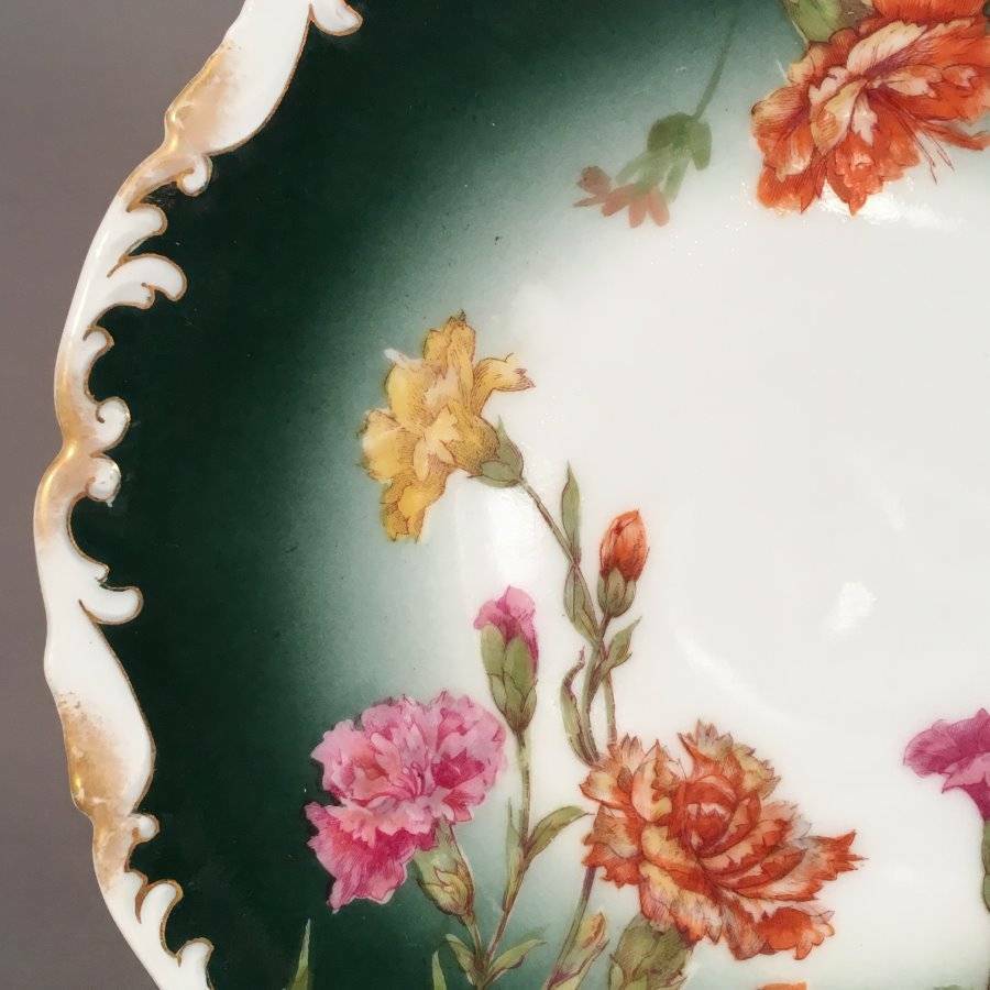 Elegant Antique T V Limoges France Dark Green Plate Scalloped Carnations Floral