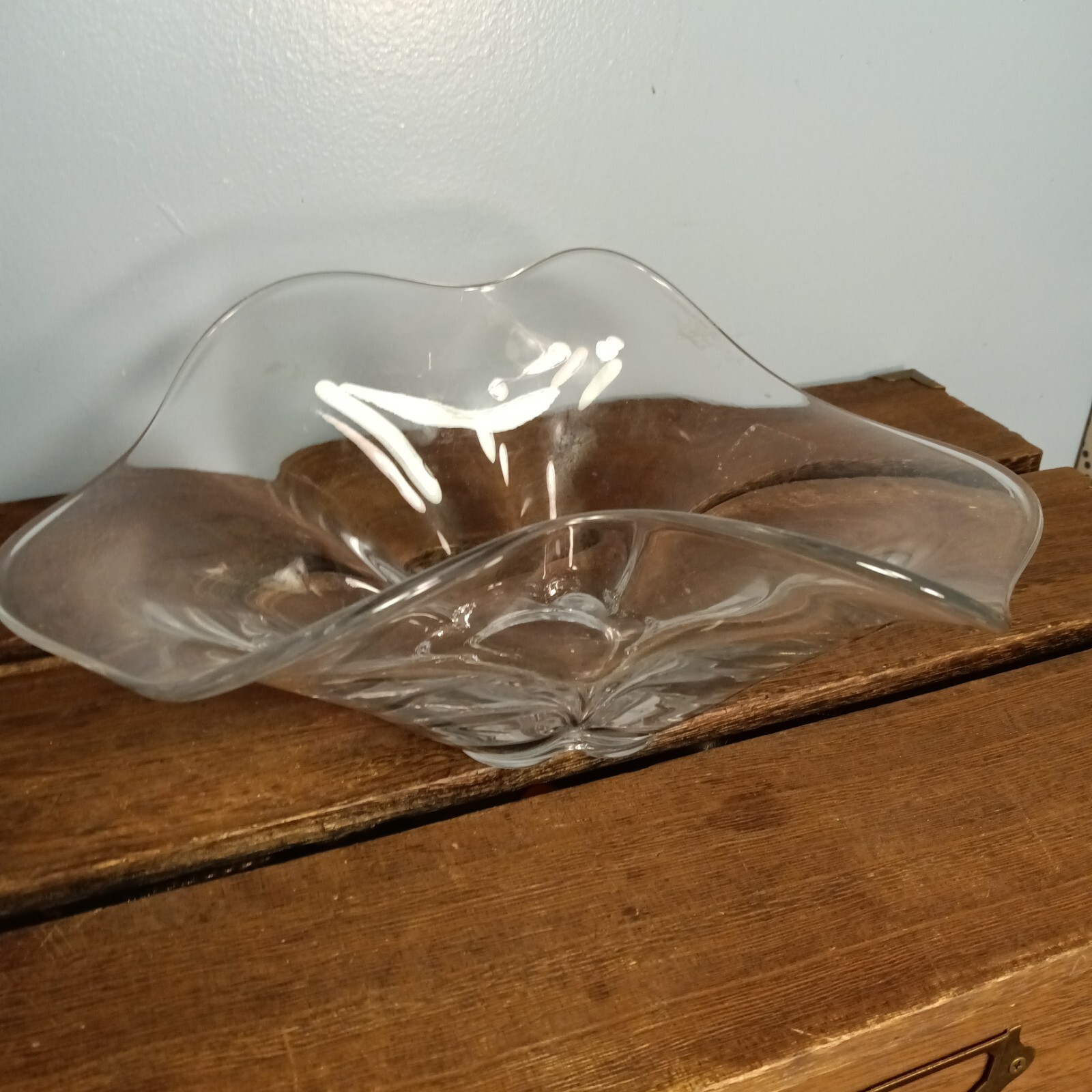 Vintage Clear Glass Flower Shaped Bowl, Pinched Sides, Art Bowl, Ruffled