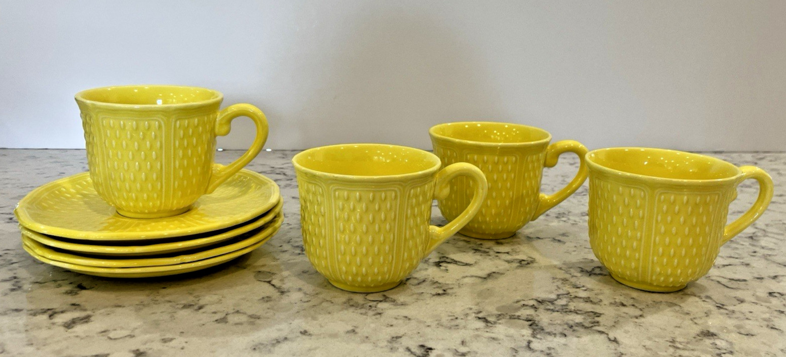 Vintage Bon Vivant Faience Yellow Hobnail 4 cups & 4 Saucers Set France Tea
