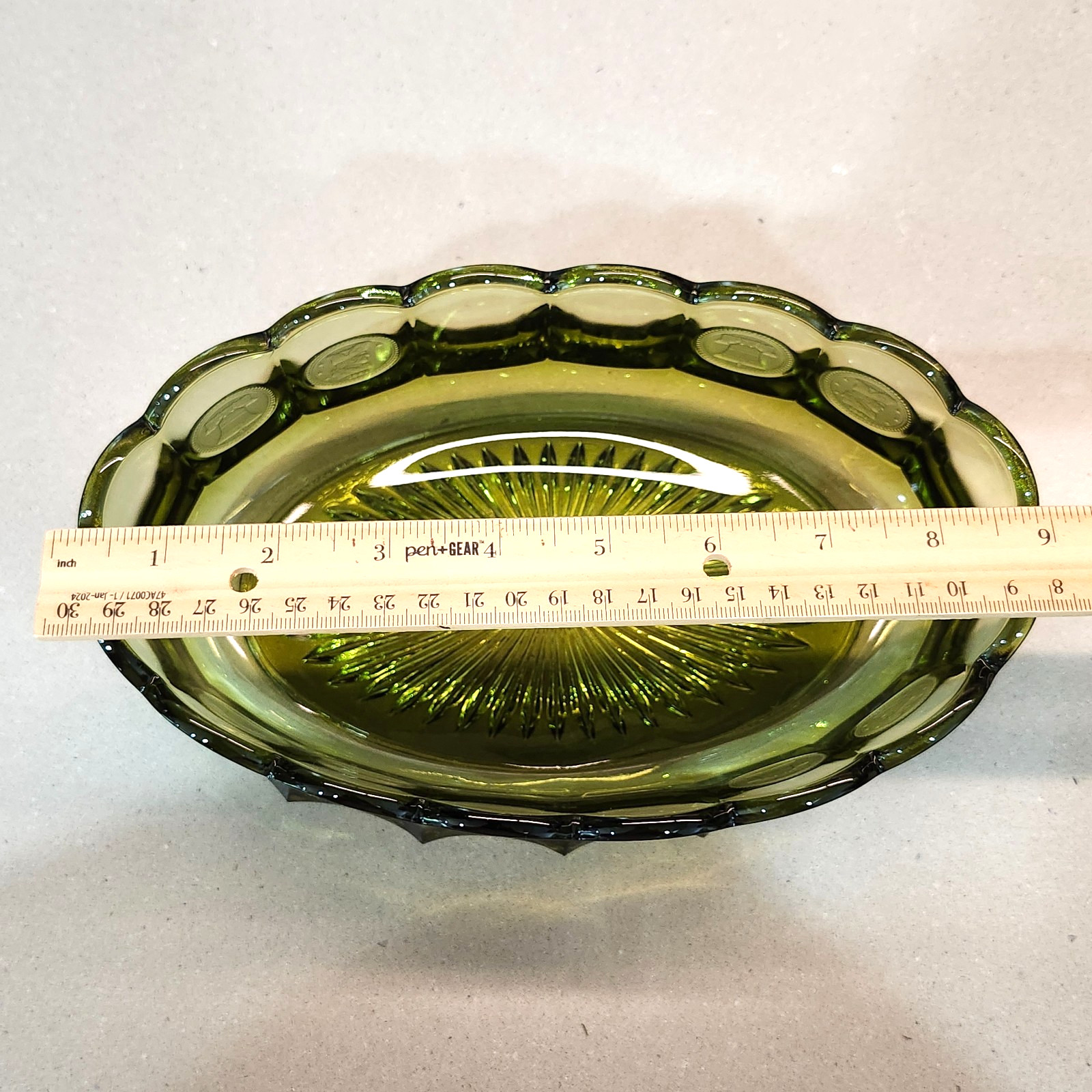 Vintage Fostoria Olive Green Glass Coin Scalloped Edge 9” Oval Serving Bowl