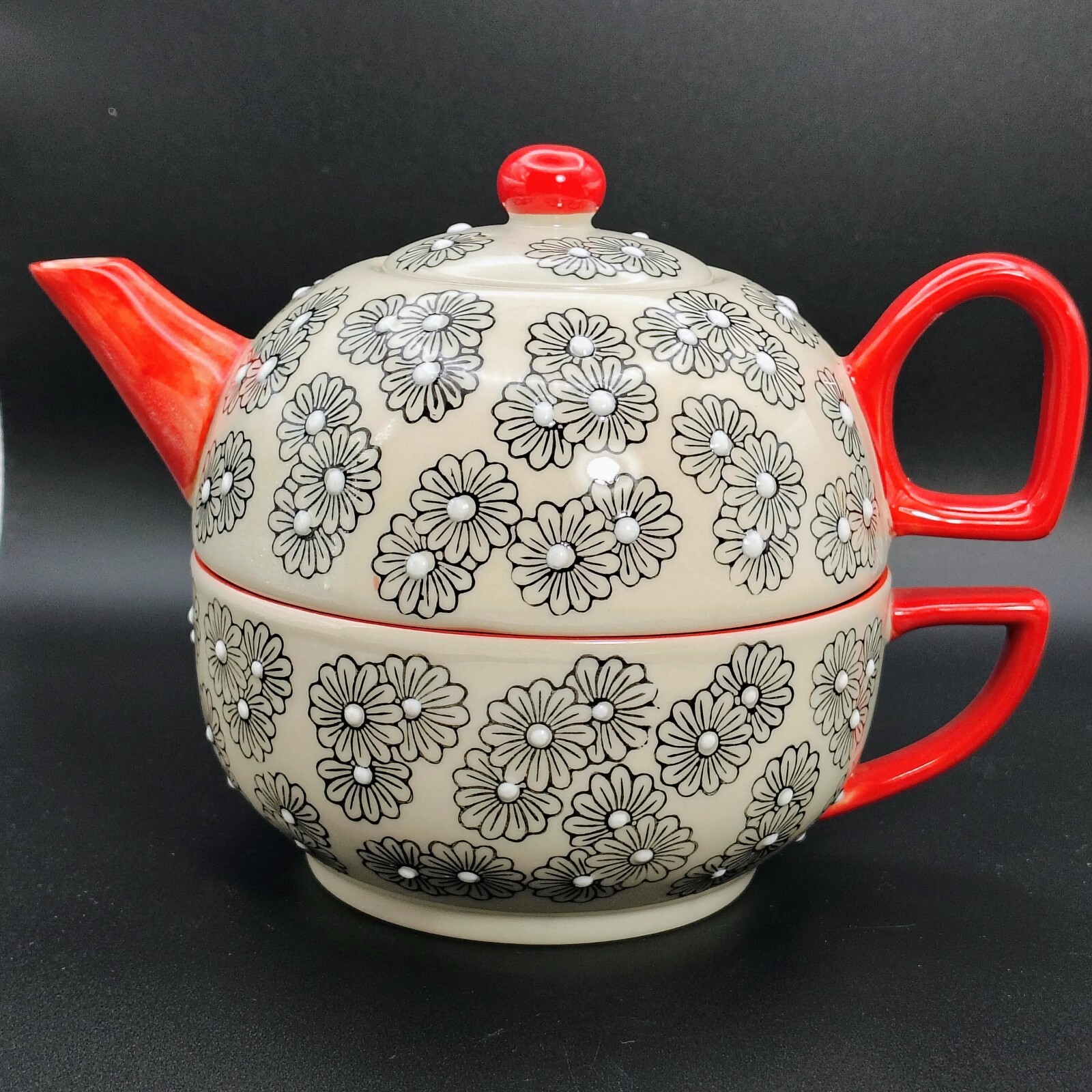 Yokohama Studio Hand Painted Embossed Ceramic Teapot & Cup Mug Duo Set
