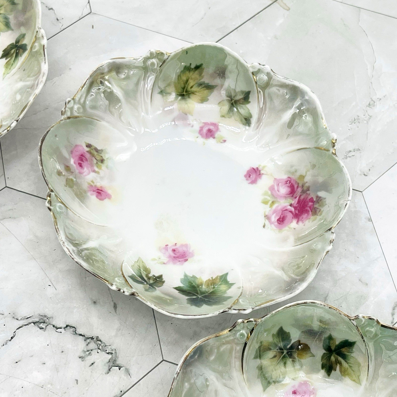 Lot of 6 Antique Signed R S Prussia Floral Berry Bowls Green Gold Rim Roses 5″