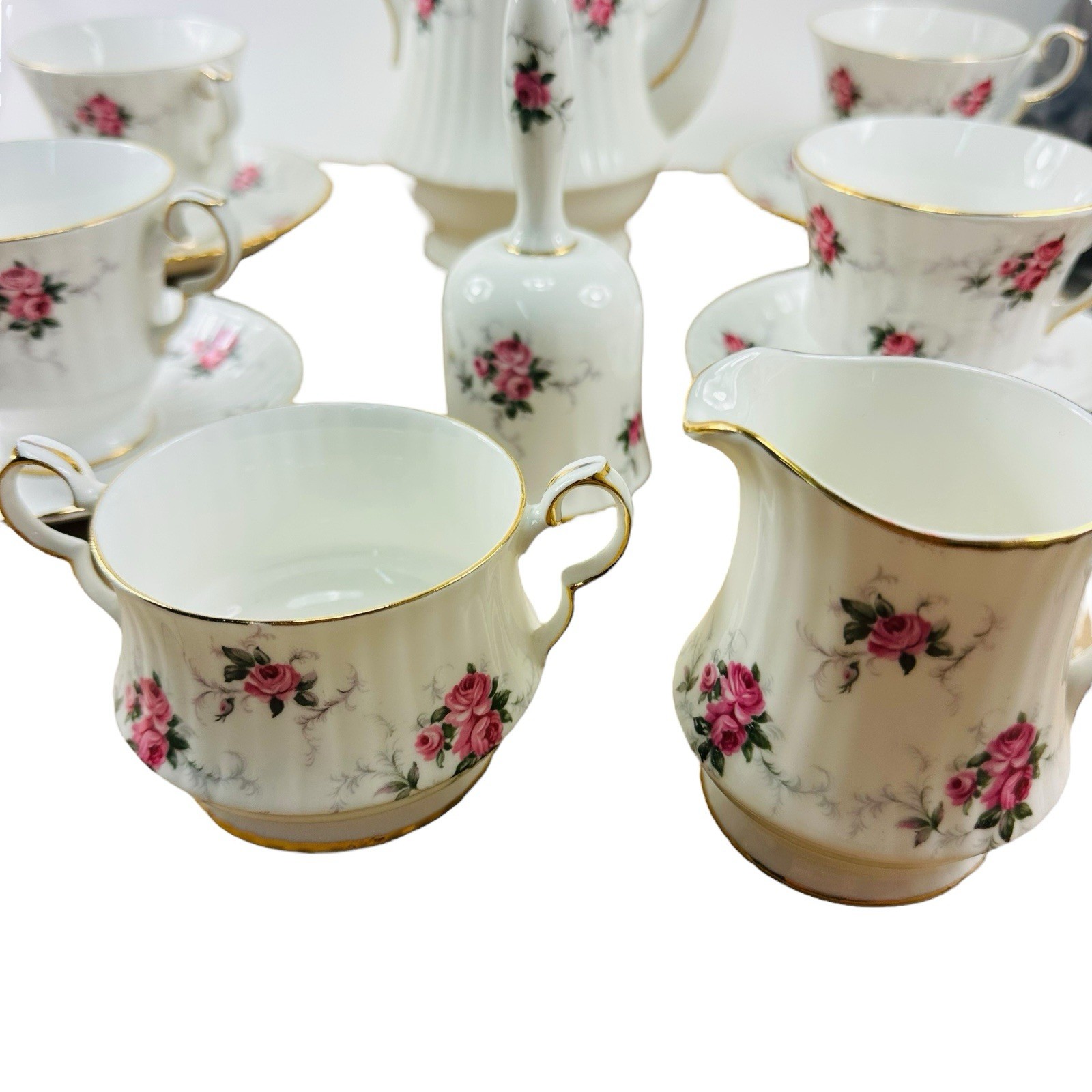 Princess Hammrsley Fine Bone China Tea Pot Creamer Sugar 4 Teacups Suacers Bell