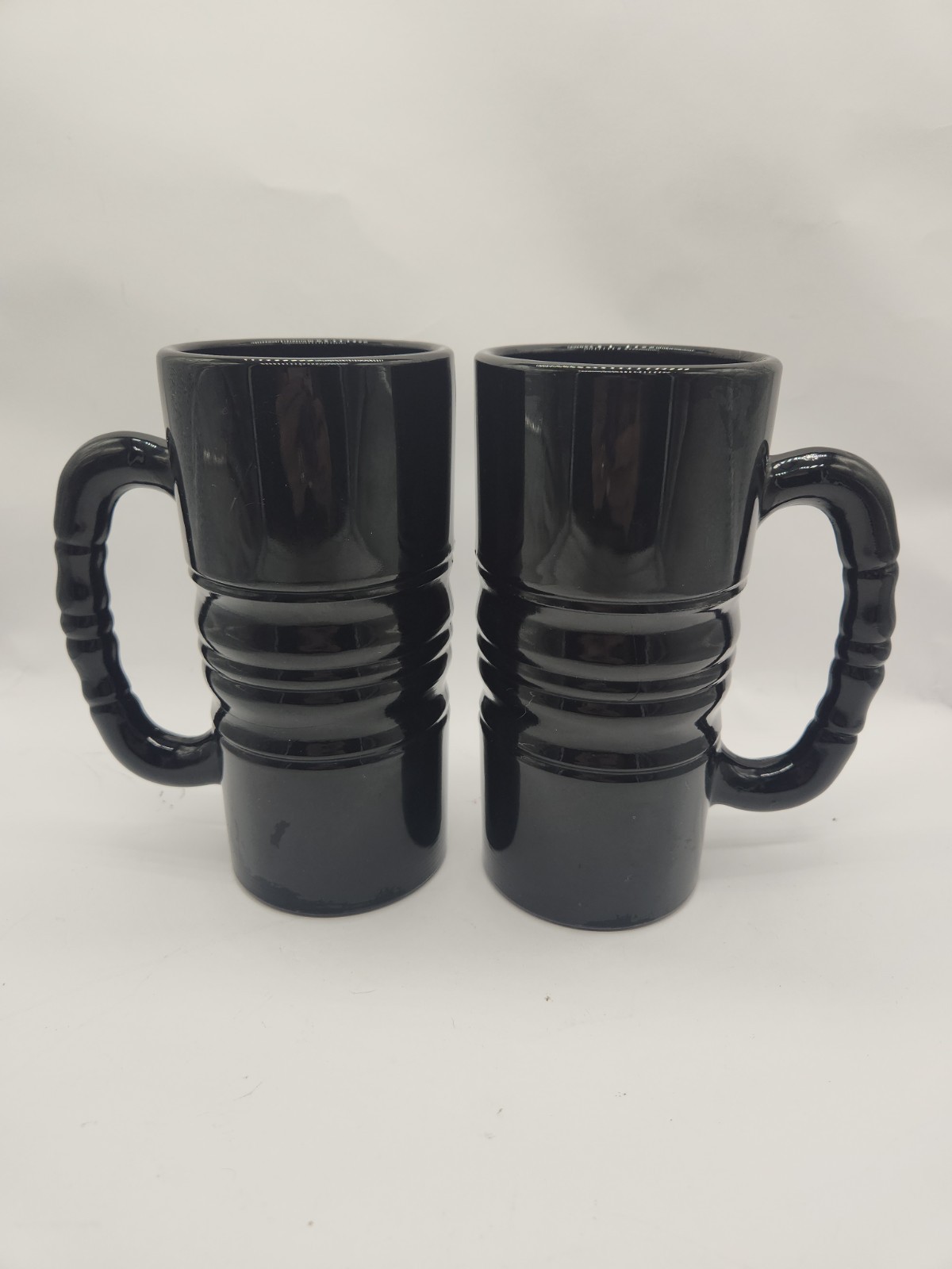 2 Vintage Tiara Indiana Black Glass Mug Tall Ribbed Cylinder Stein Tankard 12 oz