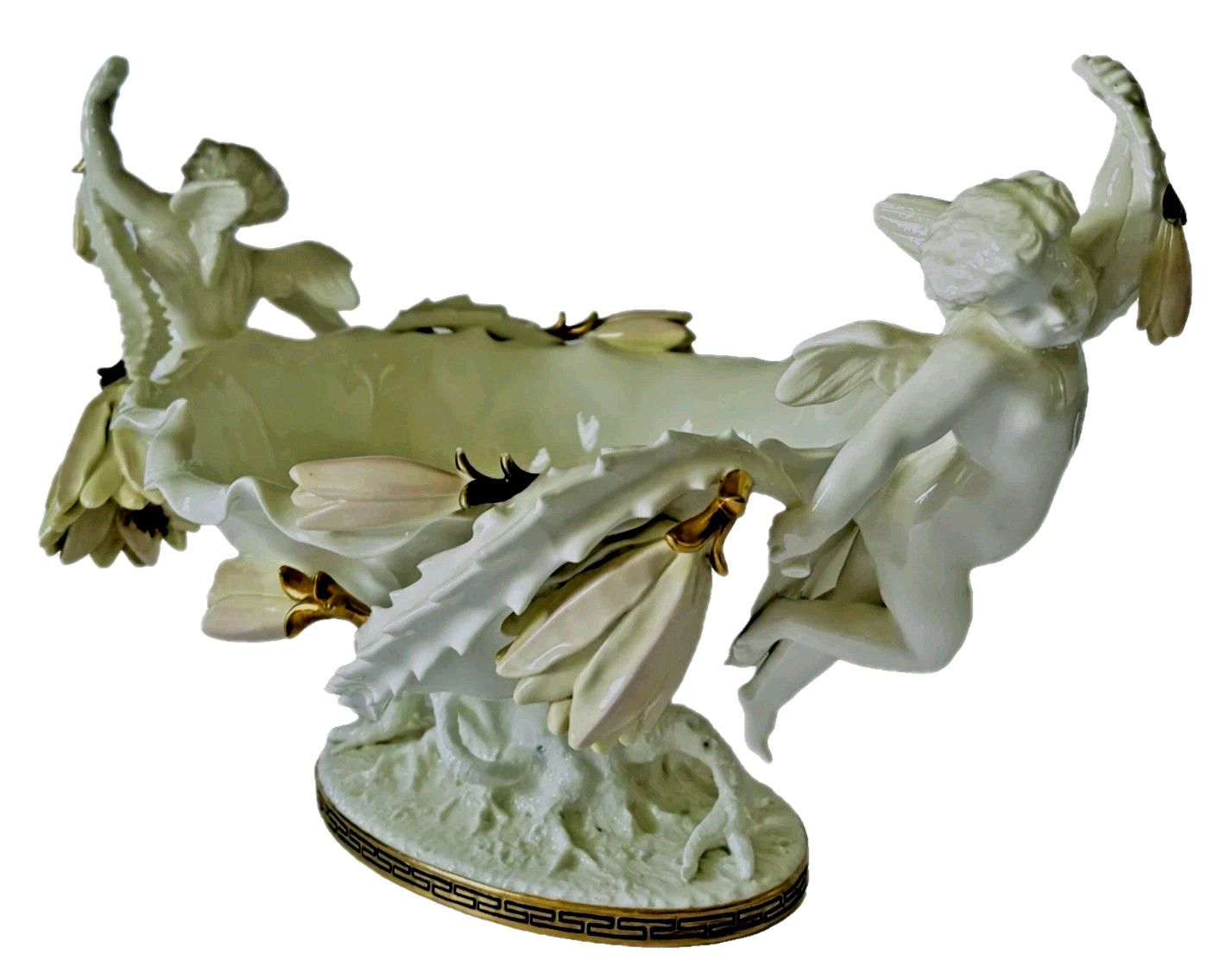 Antique Moore Bros. English Porcelain Cactus Flower Double Cherub Centerpiece