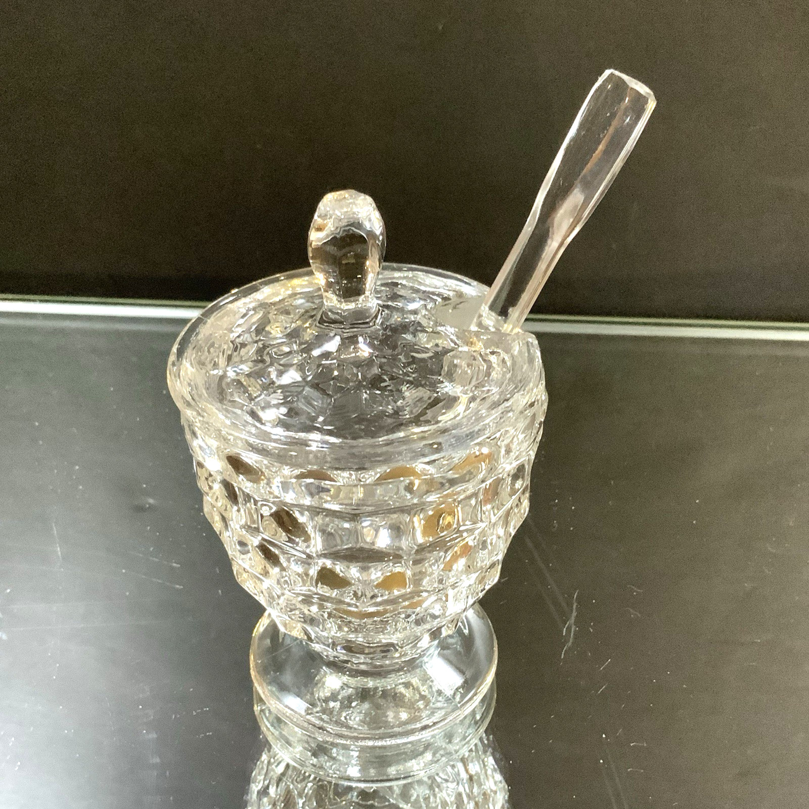 Vintage Mustard Jar with Lid and Spoon American Fostoria Elegant Glass Read