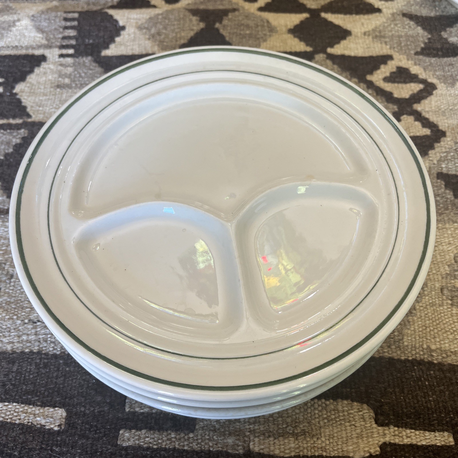 50’s 4 Buffalo China Divided Dinner Plates Restaurant ware Green Stripe L-12