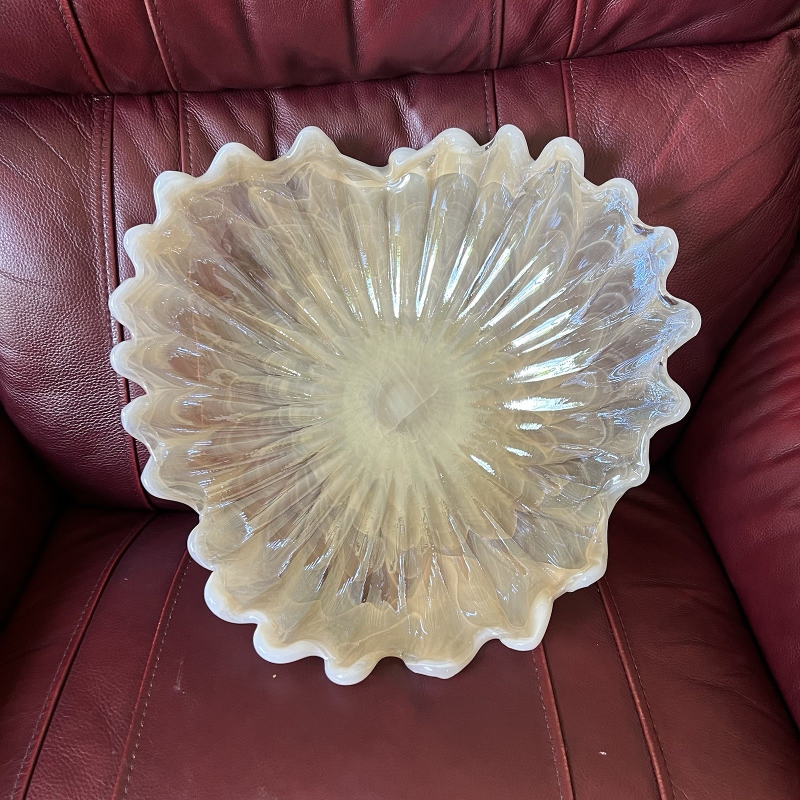 Murano Art Glass XL White Cream Freeform 3-Leaf Clover Center Bowl Italy 16″dia