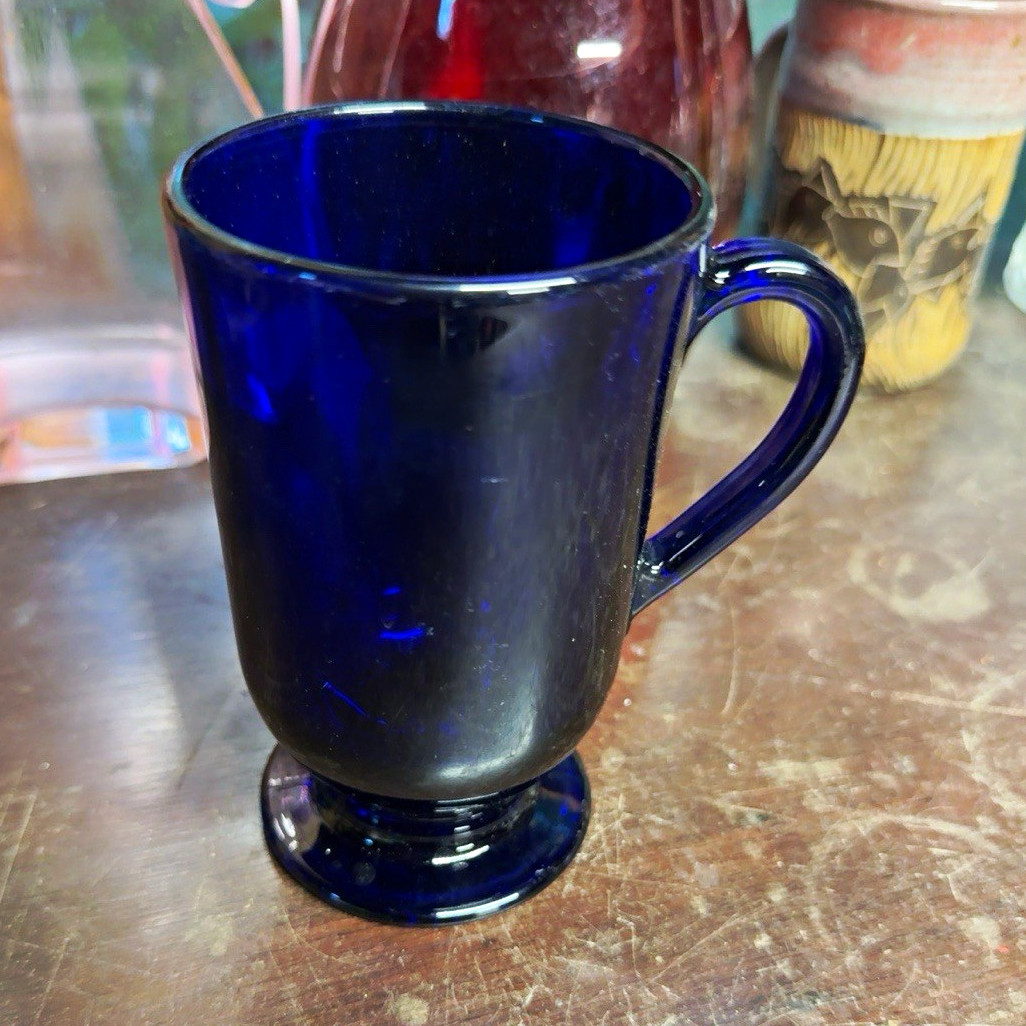 Cobalt Blue Glass Pedestal Footed Mug Cup with Handle, Solid, Round