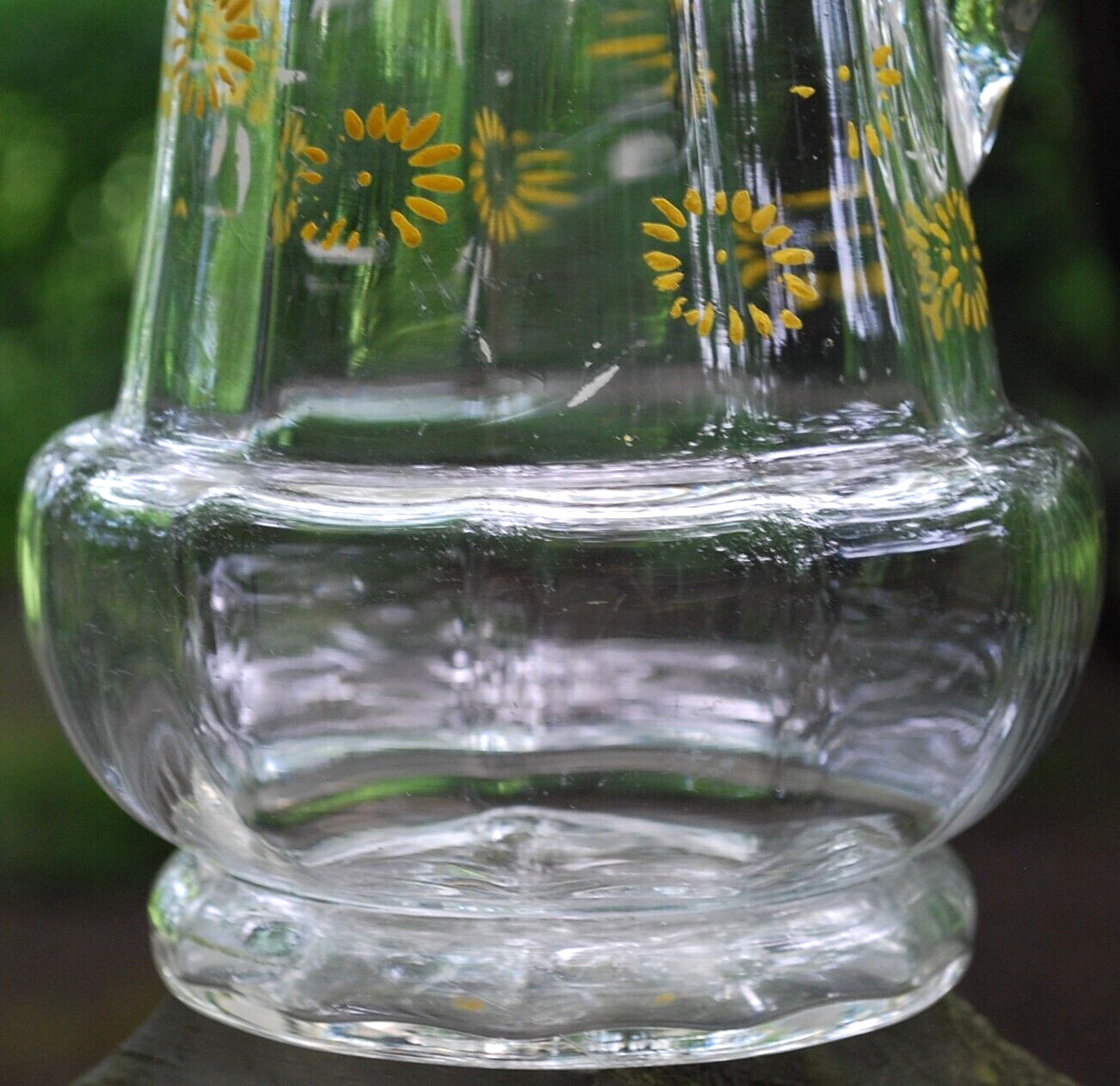 Antique Victorian PITCHER Clear Optic Glass FLORAL ENAMELED DAISIES Petal Rim