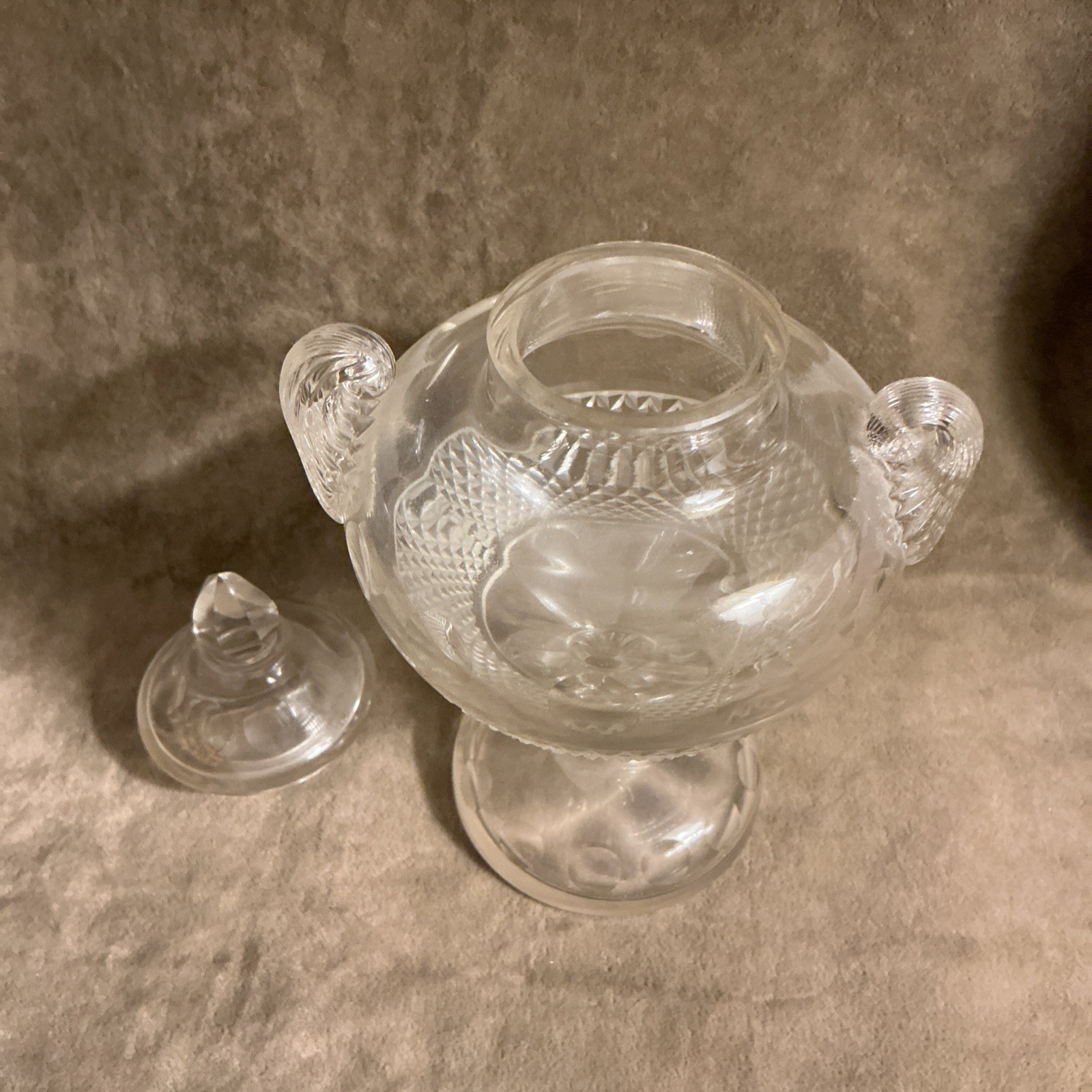 Victorian Cut Glass Hand Blown Sweet Meat Covered Small Jar Diamond Pattern