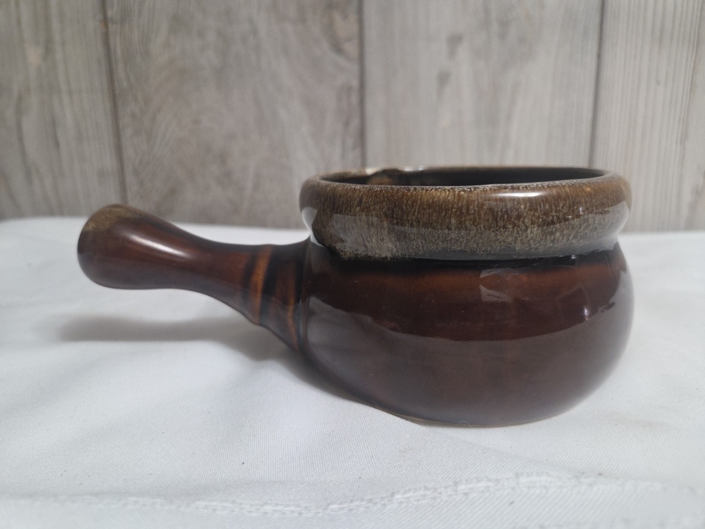 UNMARKED Pottery Brown Drip Glaze Handled SOUP / CHILI BOWL, no lid, just 1, VTG