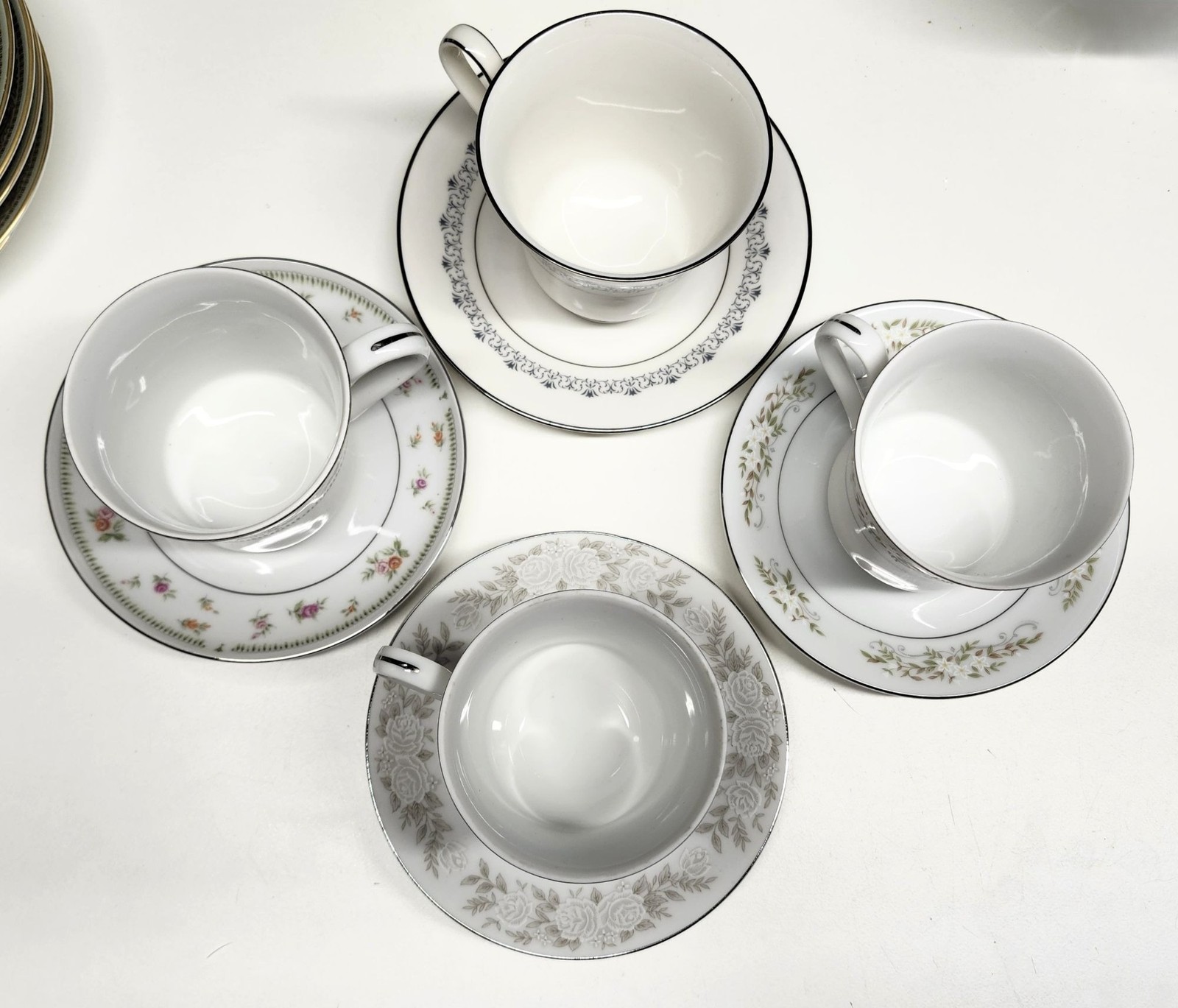 Mismatched China Tea Cups & Saucers Soft Floral Designs 4 Sets