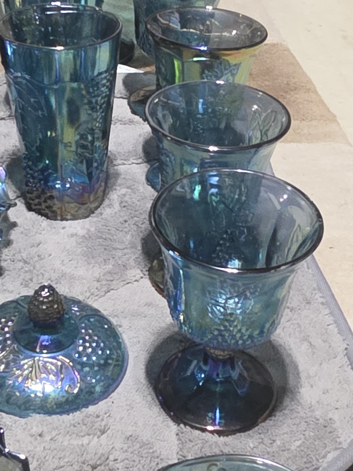 9 Pcs Indiana Carnival Glass Iridescent Blue 1 Pitcher,  & 8 Goblets