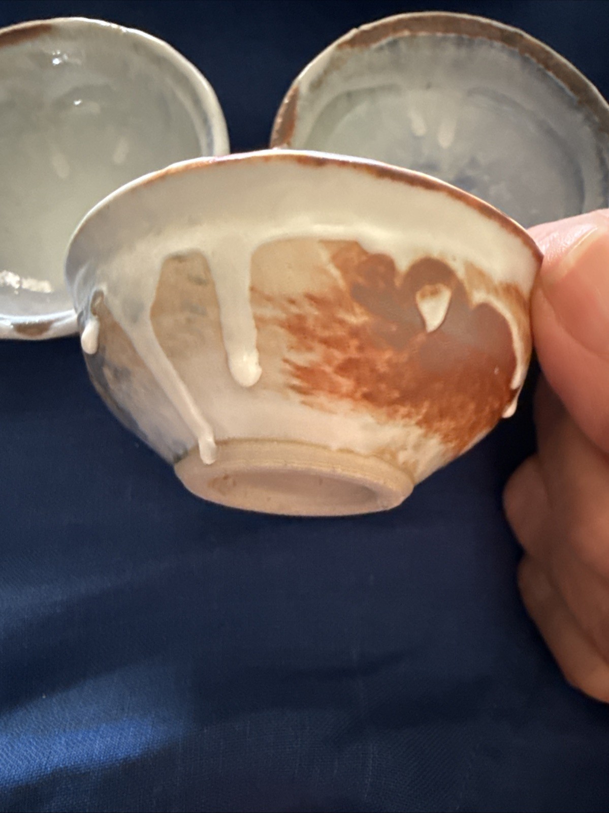 Studio Pottery Set 3 Hand Thrown Dip Bowl Drip Glaze Blue Brown Tones 1.25″x 3″