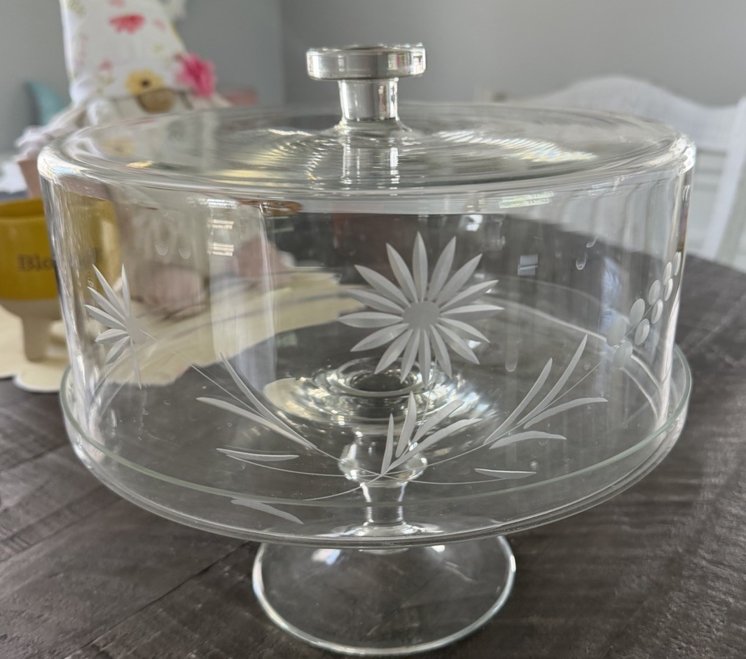 Etched Glass Cake Pedestal Stand & Lid 10-3/8″ cake stand inner diameter