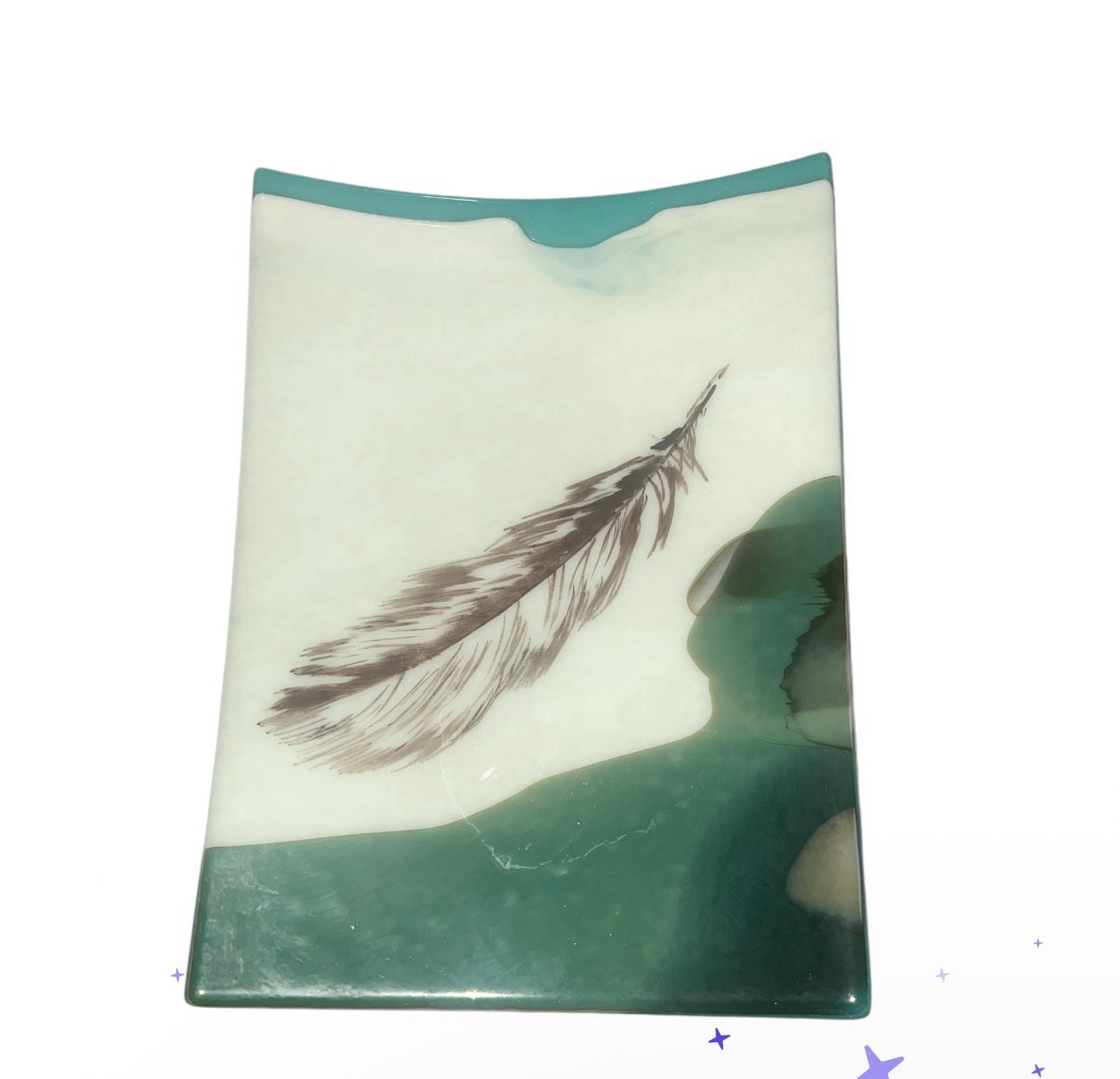 Robin Coulter Crabb Fused Glass Art Tray “Layered Vanilla Feather” Signed
