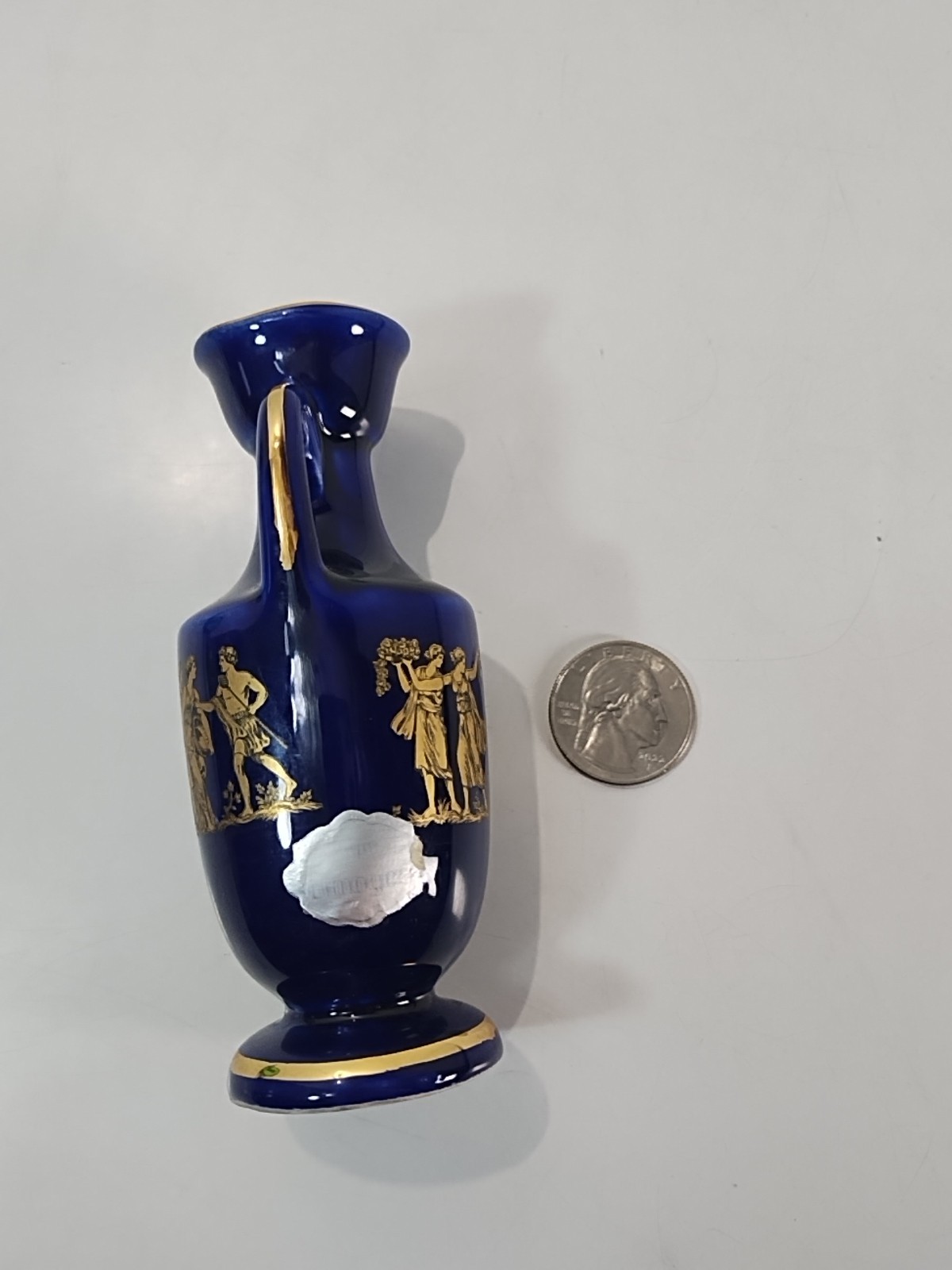 LIMOGES Porcelain Miniature Vase Greek Style Blue/ Gold 4.25” Pitcher w/ Handle