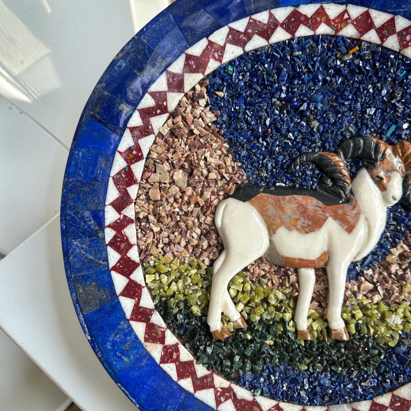 Handmade Lapis Lazuli & Marble Ram Plate | Afghan Stone Mosaic| 12″ Round Inlay