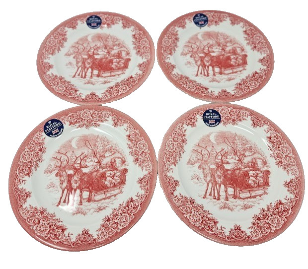 Royal Stafford Santa Sleigh Reindeer Christmas Red 8″ Set Of 4 Plates New
