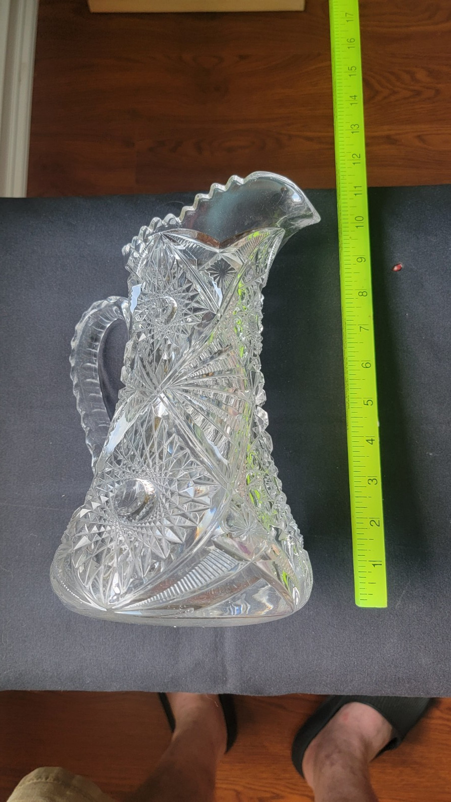 Antique American Brilliant Period ABP Cut Glass Hobstar Floral Water Pitcher 10”