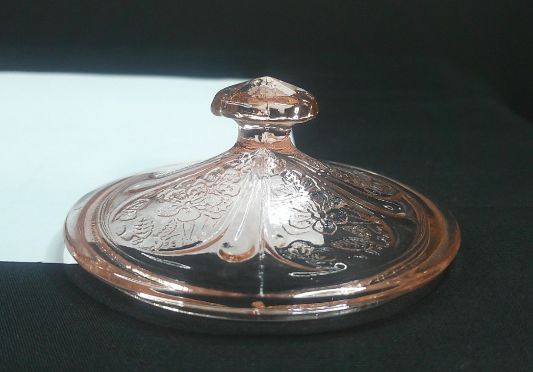 Jeannette Glass Co, Cherry Blossom, Pink, Sugar Cover, USA, c 1930s, ExCd