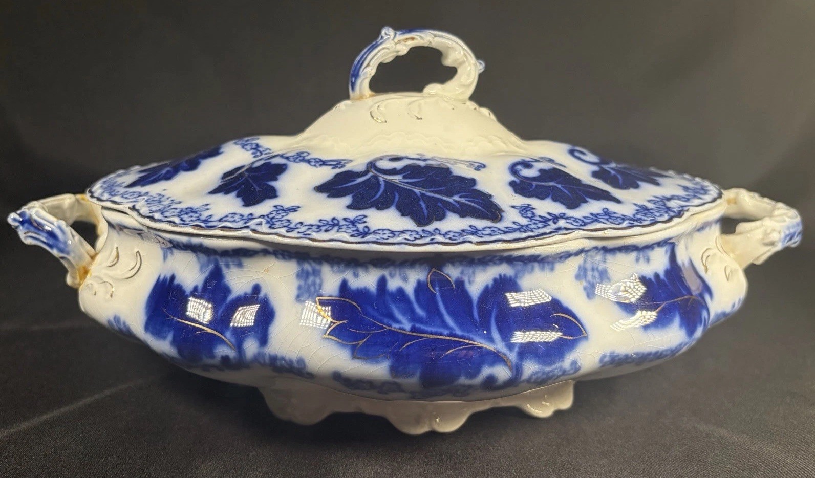 Antique Johnson Bros Normandy Flow Blue Oval Covered Vegetable Bowl Dish 11.5”