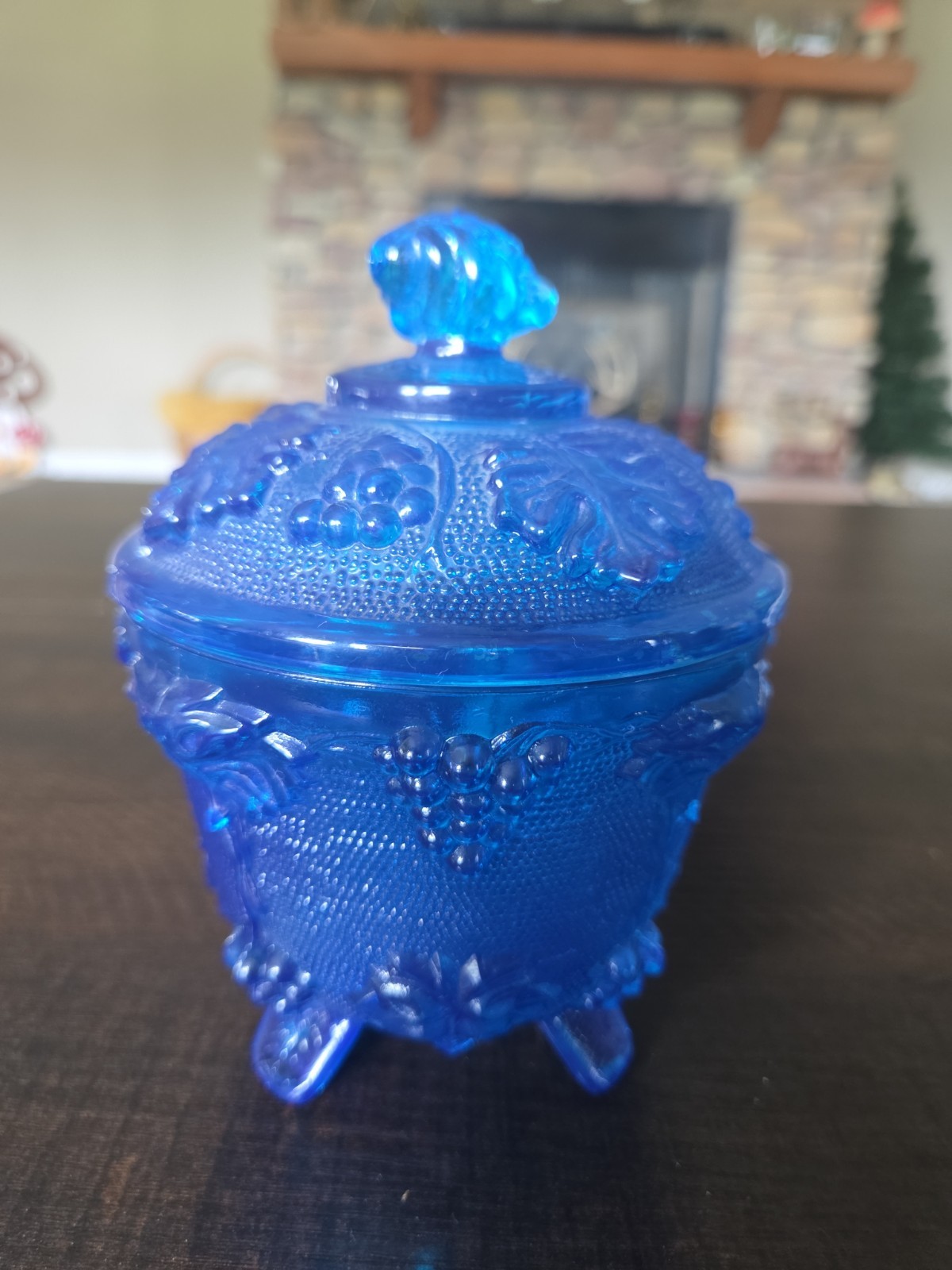 VTG 1950s Jeanette Glass Footed Covered Cobalt Blue Candy Dish Grape Leaf