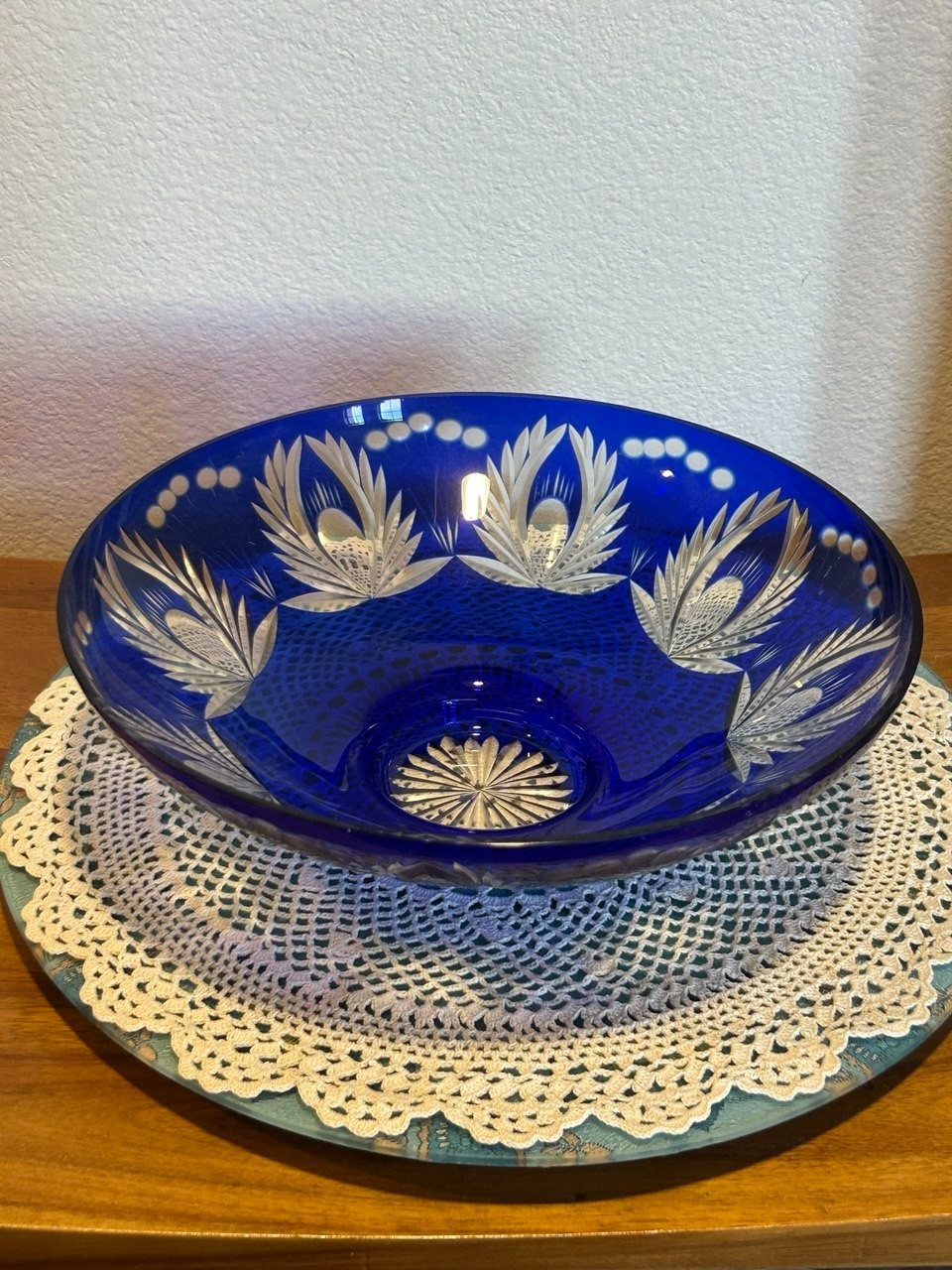 Rare VTG Cobalt Blue Crystal Bohemian Cut-to-Clear Bowl D-9.75″