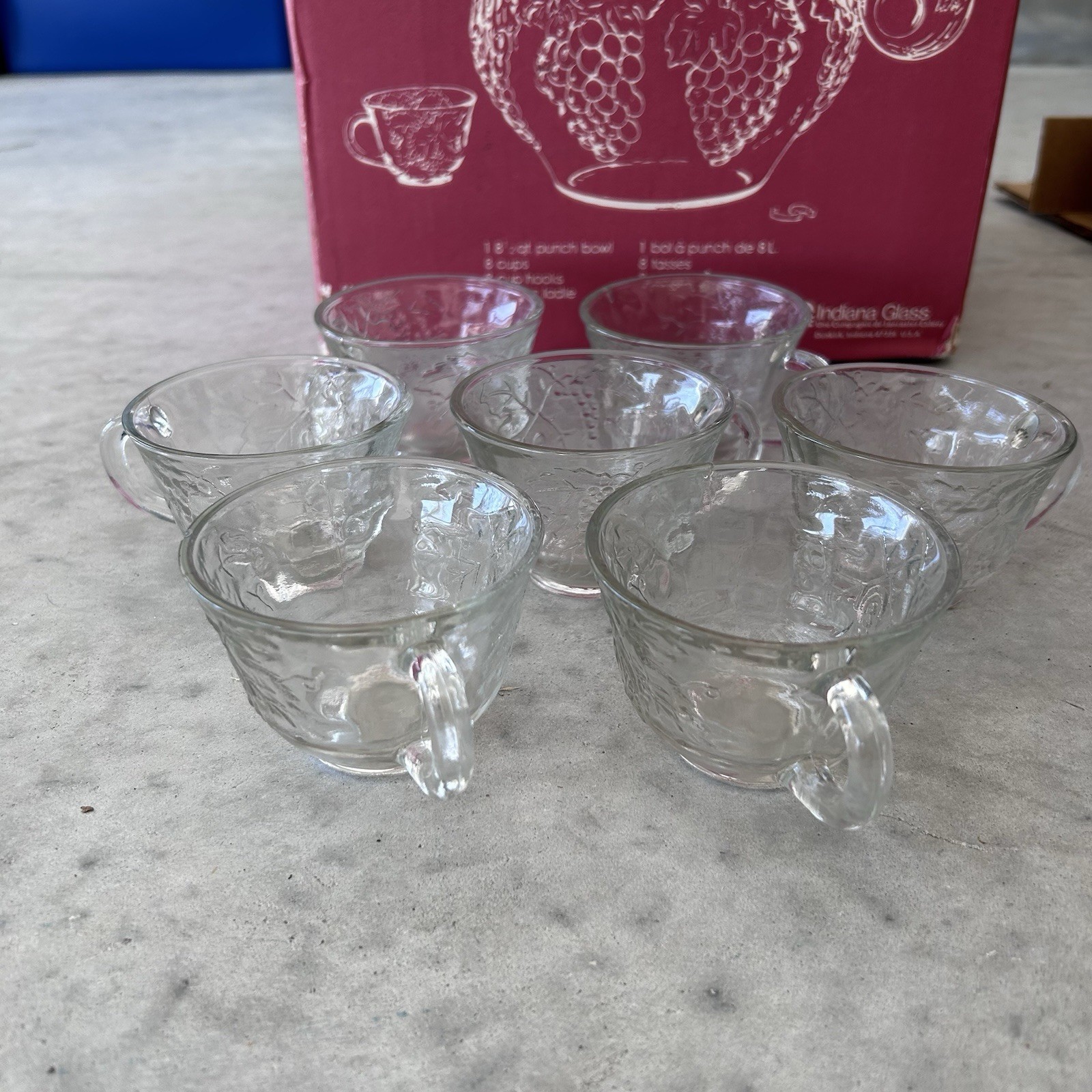 Vintage Indiana Glass Grapes Celebration Punch Bowl Cups Set In Box #5354