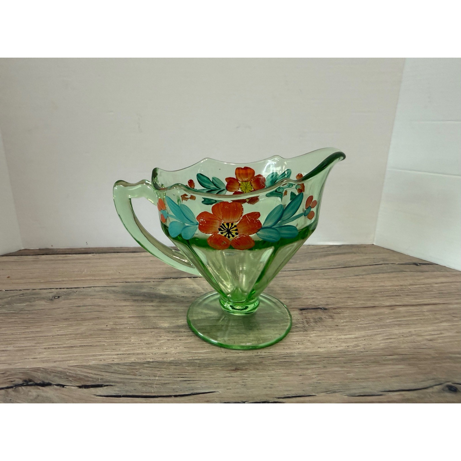 Vintage Green Glass Creamer Pitcher Hand Painted Floral Scalloped Footed 5in