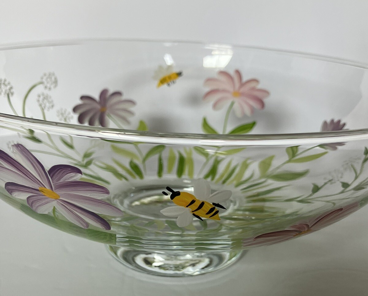 Hand Blown And Painted 9 Inch Glass Bowl And 6.5” Vase Floral And Bees