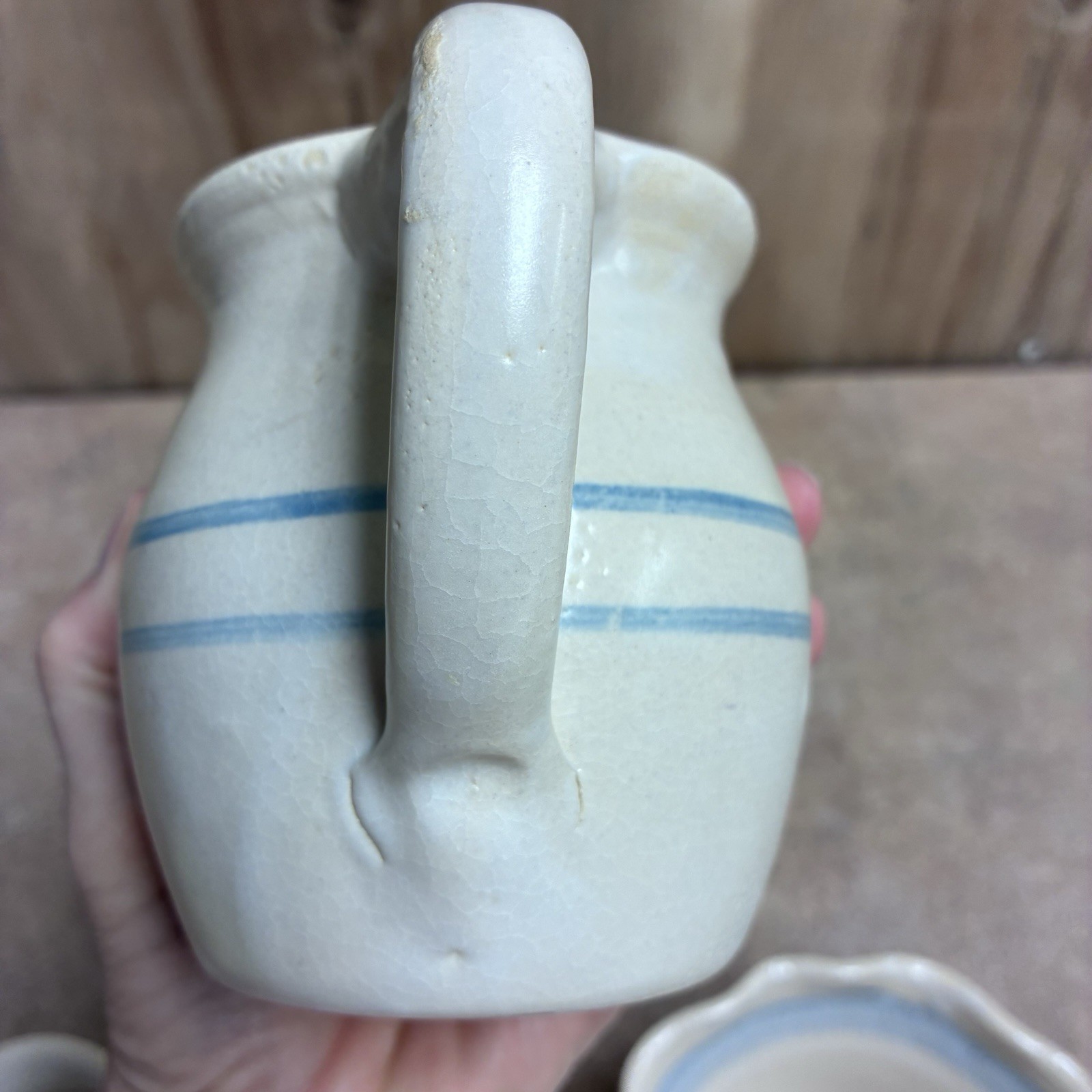 3 Pc Amy Tibbit Studio Art Pottery White Blue Rim Heart & Ripple Bowls & Pitcher