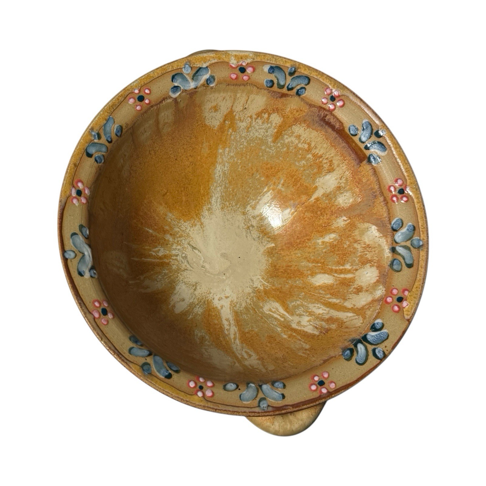 Handmade Earthenware Bowl Art Pottery Ceramic 6 1/2″ USA Handles Thin Floral